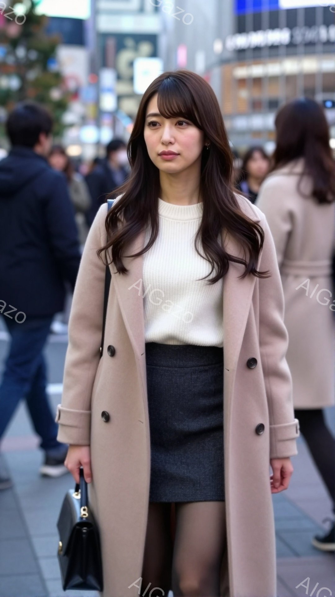 長いキャメル色のコートを羽織った女性が写っています。彼女はグレーのタイトスカートと白いセーターを合わせ、黒いバッグを持っています。背景には人々と建物が見え、日中の賑やかな街並みが広がっています。