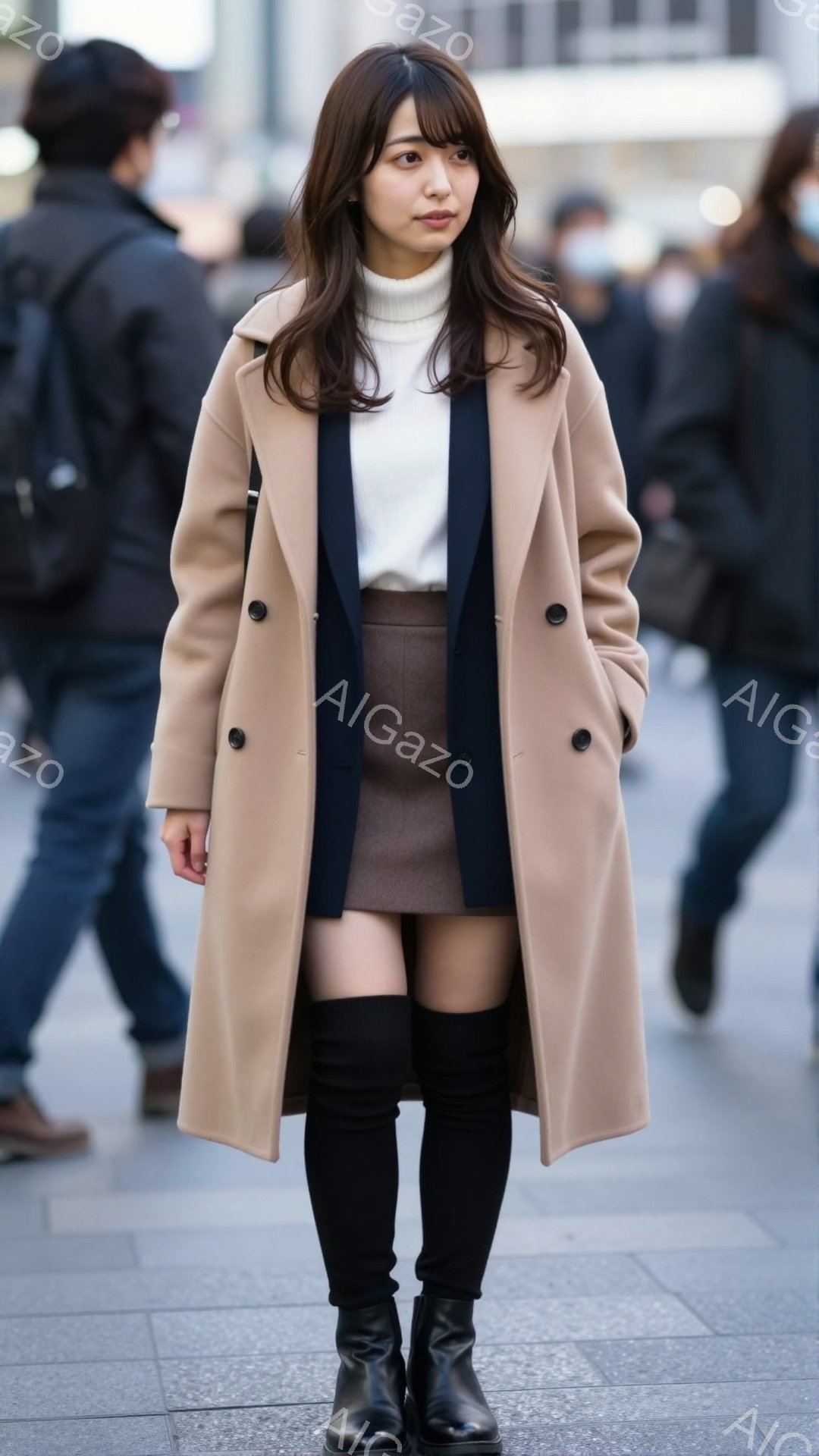 画像には、ベージュ色のロングコートを羽織った若い女性が写っています。彼女は白のセーターと茶色のミニスカート、黒のニーハイブーツを着用し、少し微笑んでいます。背景には他の歩行者や建物が見え、晴れた日の街並みが広がっています。