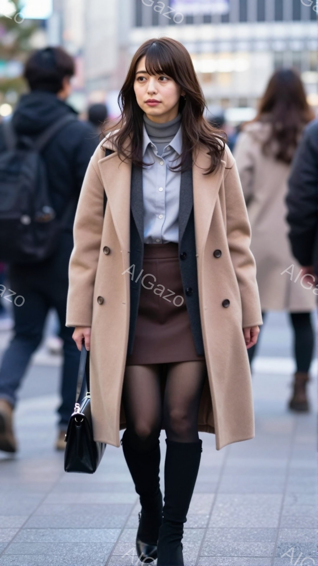 画像は、ベージュ色のロングコートを着た若い女性が写っています。彼女は濃い茶色のミニスカートと黒のタイツ、そして黒のロングブーツを履いており、少しクールな印象です。背景には人々が歩き、建物が見え、晴れた - AI生成フリー素材