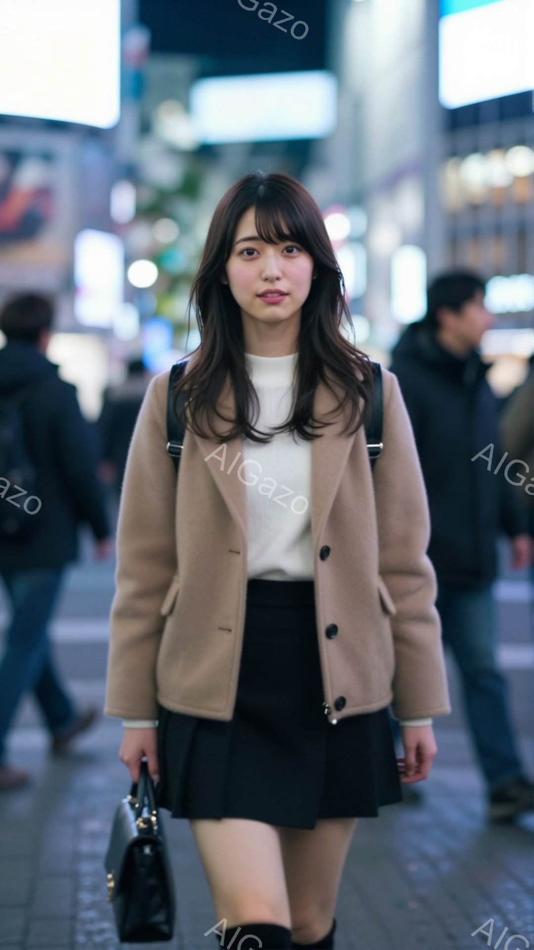 女性はベージュ色のコートと白いセーター、黒いプリーツスカートを身に着けて、黒いバッグを持っています。彼女は少し微笑んでおり、カメラの方を見ています。背景には、夜の街並みが見え、多くの人々が歩いています - AI生成フリー素材