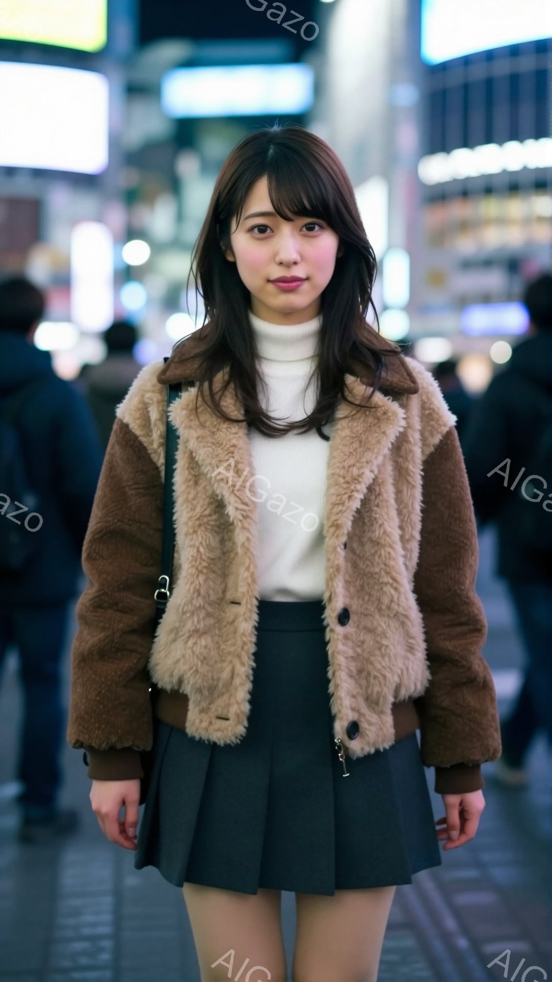 画像には、茶色のファーとダークブラウンの生地で切り替えられたジャケットを羽織り、黒いプリーツスカートを着用した若い女性が写っています。彼女は、肩までの長さのゆるやかなウェーブヘアで、穏やかな表情をして - AI生成フリー素材