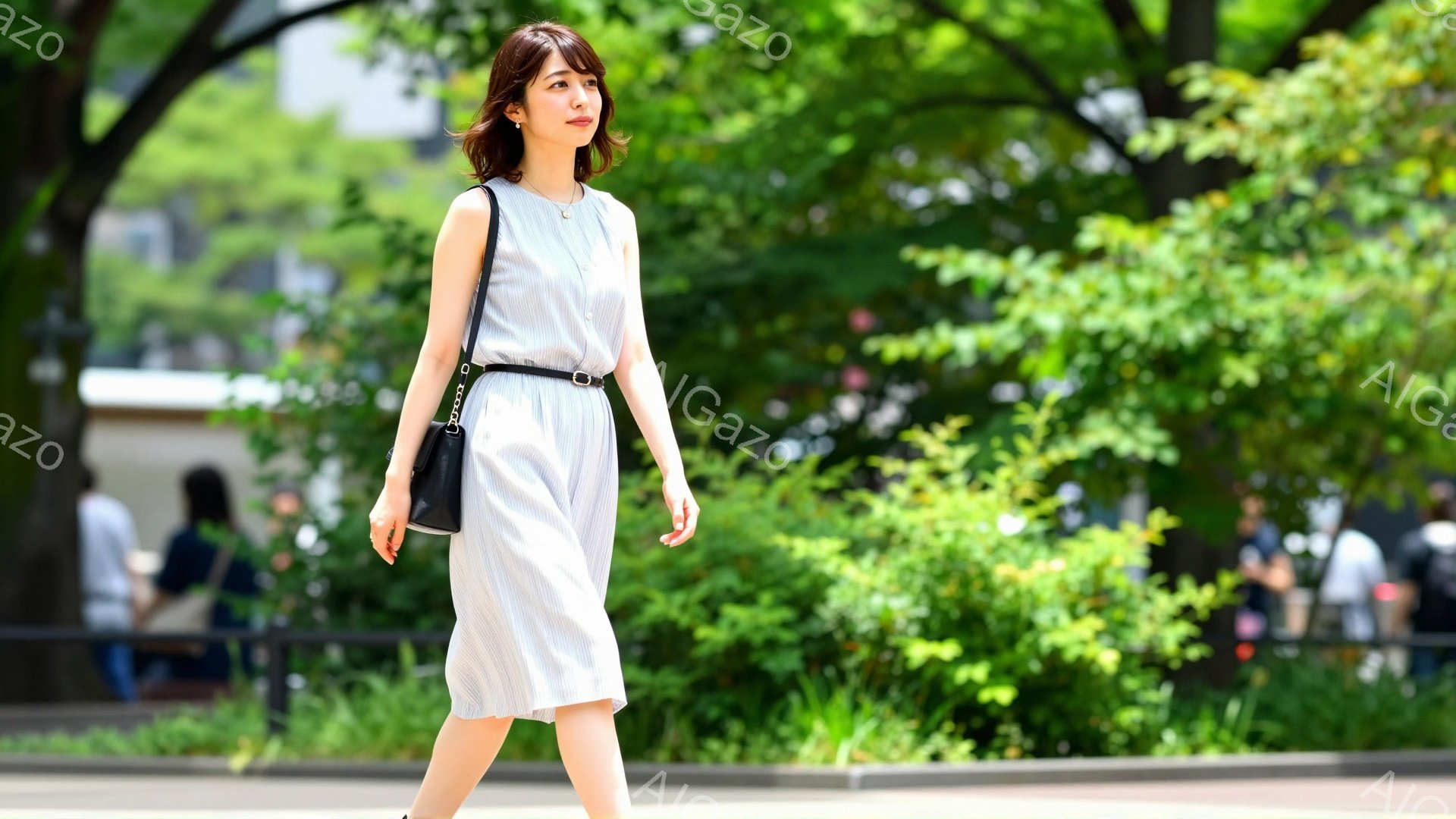 薄い水色のストライプのワンピースを着た女性が歩いている。ワンピースには黒のベルトが巻かれ、肩には黒いショルダーバッグが掛かっている。背景には緑豊かな木々が生い茂り、晴天の下、爽やかな初夏の雰囲気を感じさせる。