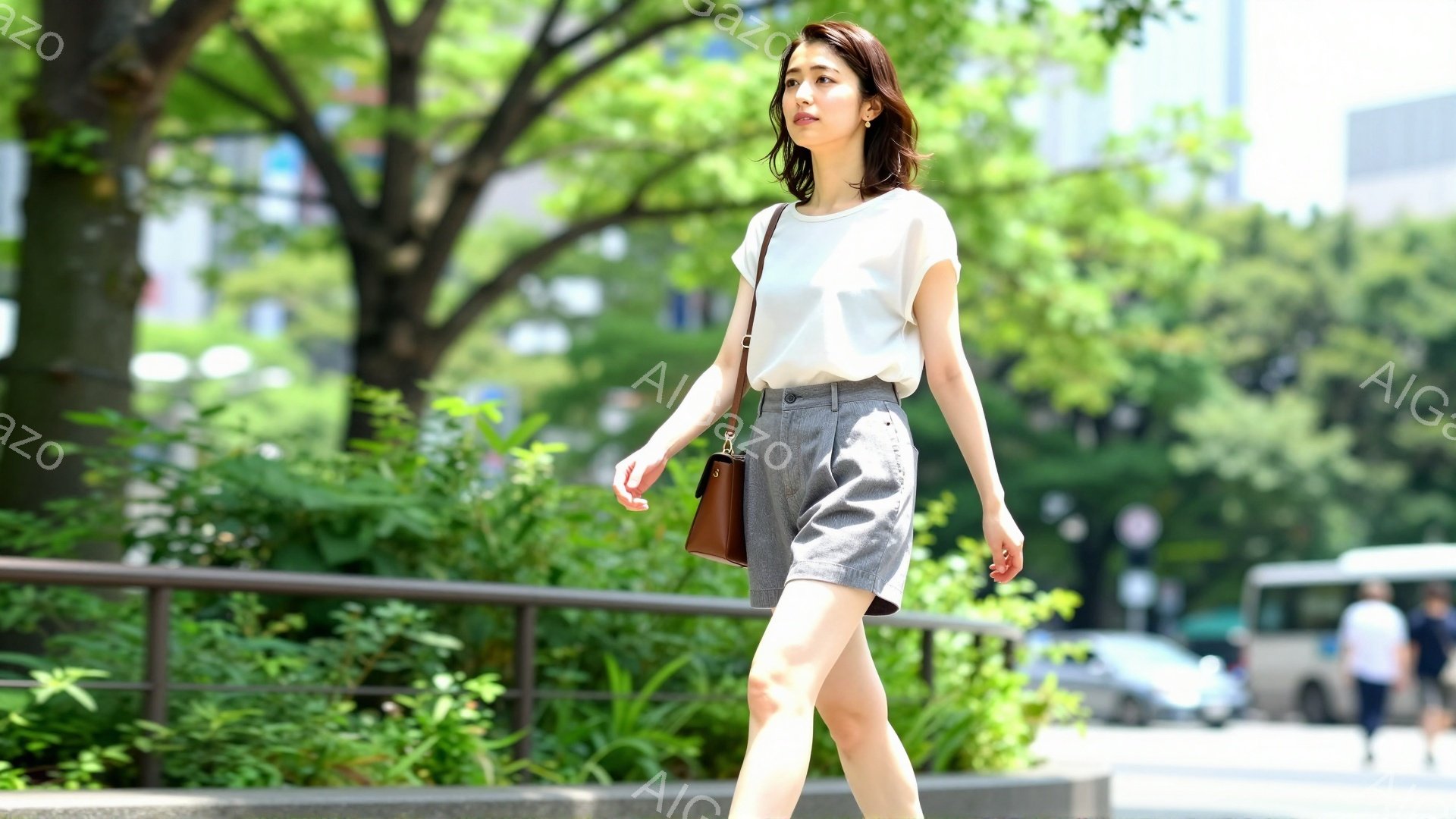 画像には、短い灰色のズボンと白いTシャツを着た女性が写っています。彼女は肩にかけて茶色のバッグをかけ、歩行中です。背景には緑豊かな植物と建物が見え、晴れた日の穏やかな雰囲気が漂っています。