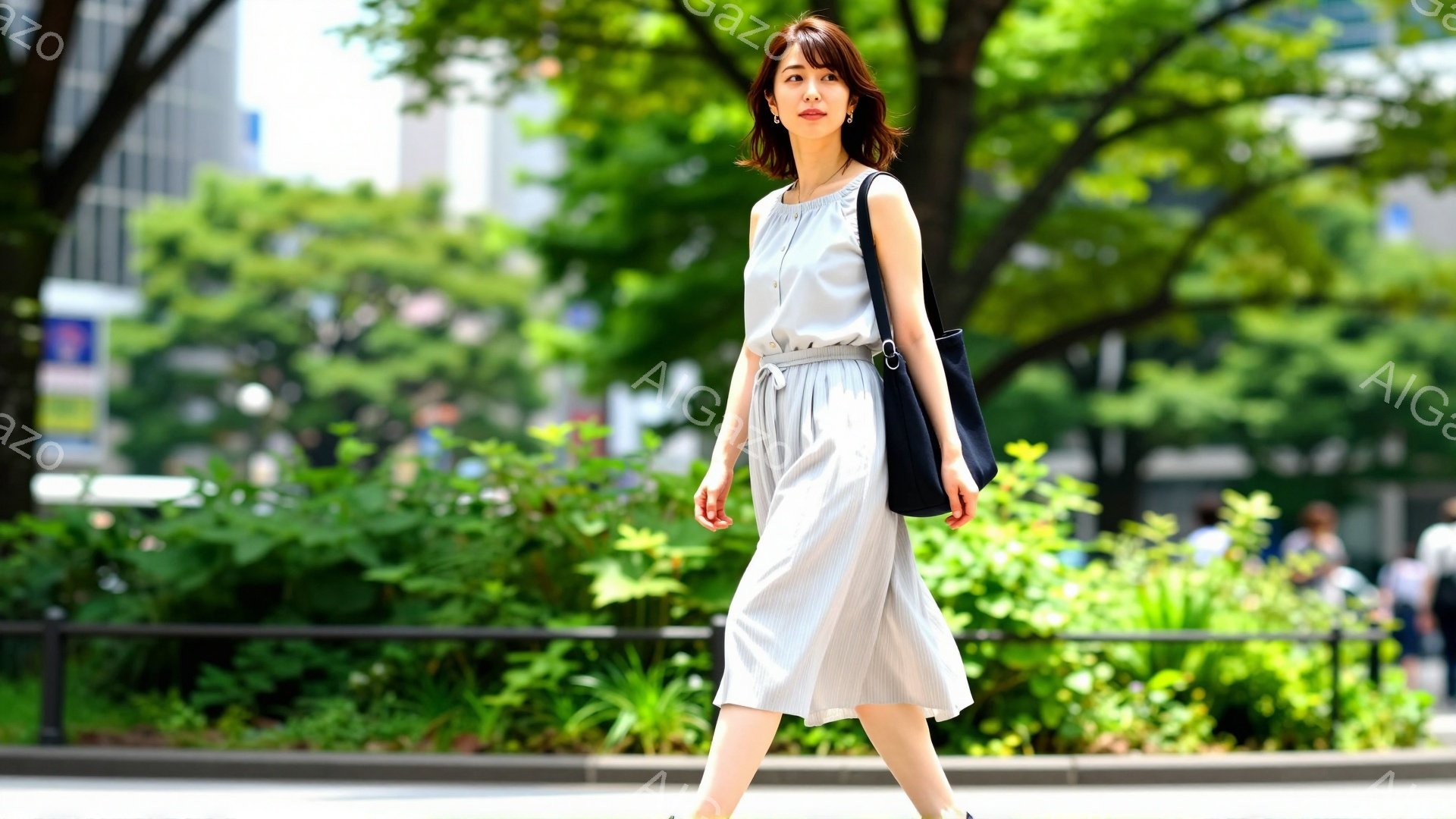 長いストレートヘアの女性が、明るい色のプリーツスカートとシンプルなトップスを着て歩いている。彼女は肩に黒いハンドバッグをかけ、リラックスした表情で自然な笑顔を見せている。背景には緑豊かな植物と建物があ - AI生成フリー素材