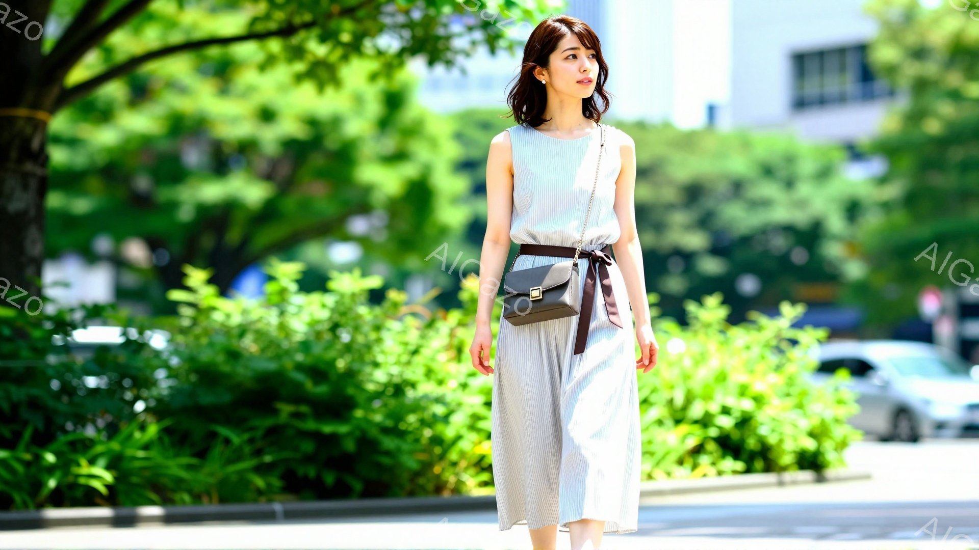 画像には、ストライプのワンピースを着た若い女性が写っています。彼女は肩を少し落としたリラックスした姿勢で、茶色のショルダーバッグをかけて道を歩いています。背景には緑豊かな木々と近代的な建物が見え、晴れた日の穏やかな雰囲気が漂っています。