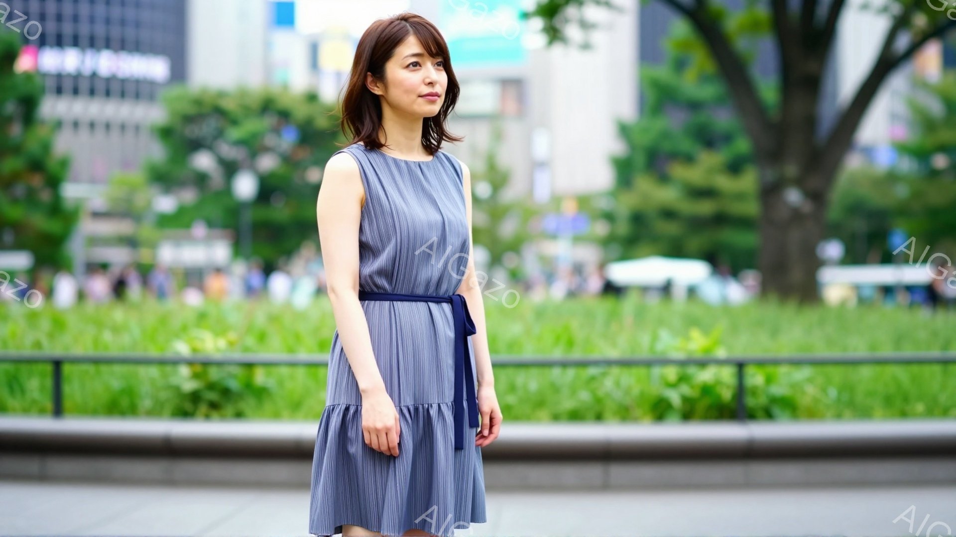 画像には、青色のプリーツワンピースを着た若い女性が写っています。彼女は髪を肩のあたりで切りそろえ、穏やかな表情で少し上を見つめています。背景には緑豊かな木々と近代的な建物が見え、晴れた日の穏やかな雰囲気を醸し出しています。