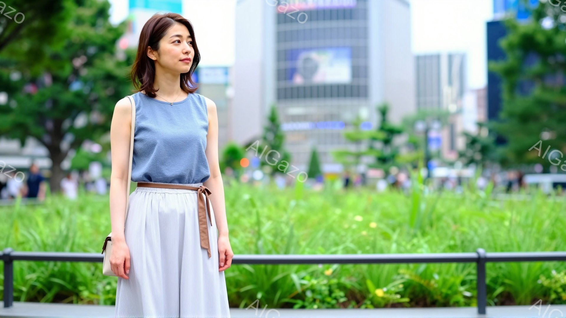 画像には、公園の前に立つ若い女性が写っています。彼女は水色のノースリーブブラウスと、アイボリーのワイドパンツを着用し、茶色の細いベルトでウエストマークしています。背景には緑豊かな植物と高層ビルが見え、晴れた日の穏やかな雰囲気が伝わってきます。