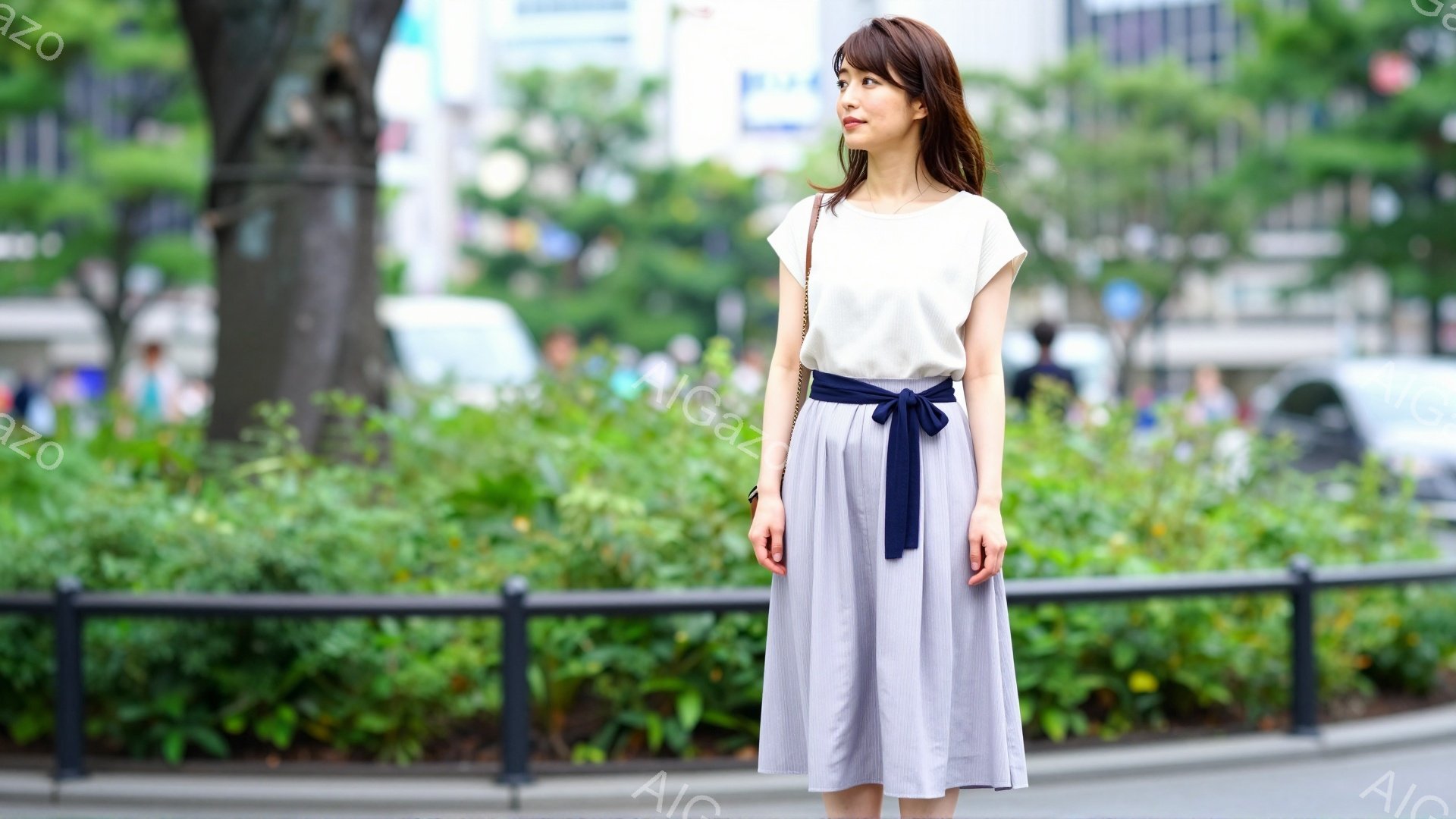 画像には、ベージュのストライプのミモレ丈スカートと白いTシャツを着た女性が写っています。彼女は濃い青色のリボンでウエストマークをしており、肩にはショルダーバッグをかけています。背景には緑豊かな植物と、ぼやけた都市の建物が見え、晴れた日の穏やかな雰囲気が漂っています。