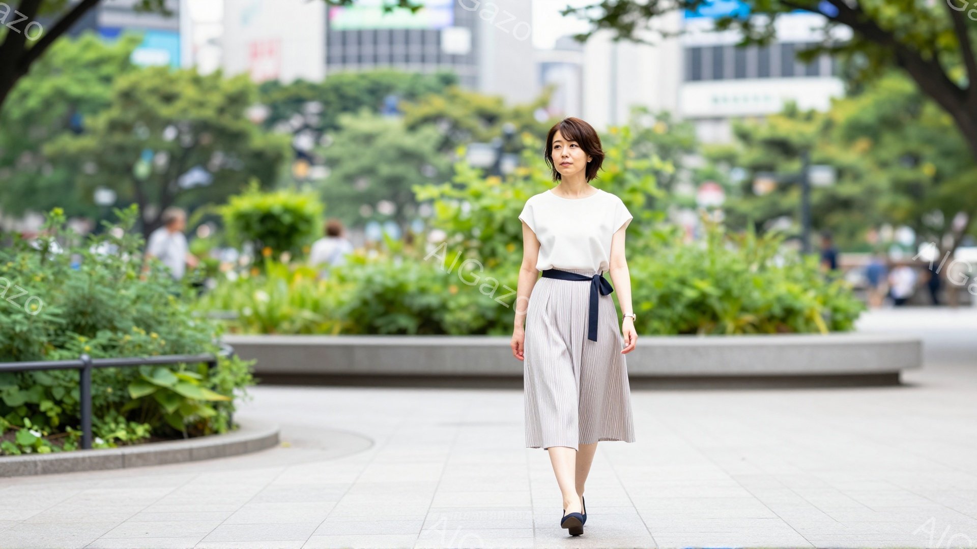 この女性はベージュ色のプリーツスカートと白いトップスを着ており、ウエストには濃い青色のリボンが巻かれています。彼女は少し微笑んでおり、どこかを見つめながら、自信を持って歩いています。背景には緑豊かな植 - AI生成フリー素材