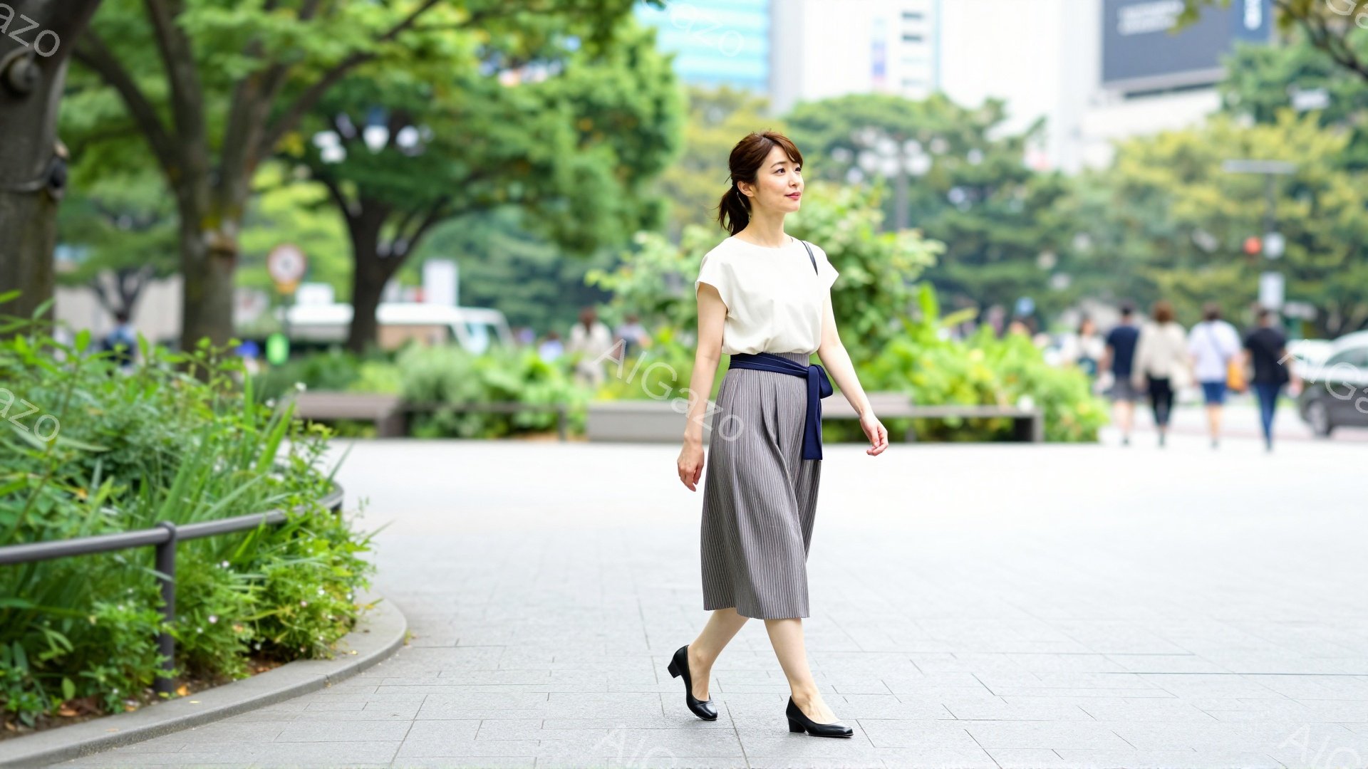 女性は白いブラウスとストライプのワイドパンツを着用し、紺色のリボンでウエストマークしています。彼女は歩きながら、少し微笑んでいるように見え、洗練された印象を与えます。背景には緑豊かな木々と建物があり、晴れた日の穏やかな街並みが広がっています。
