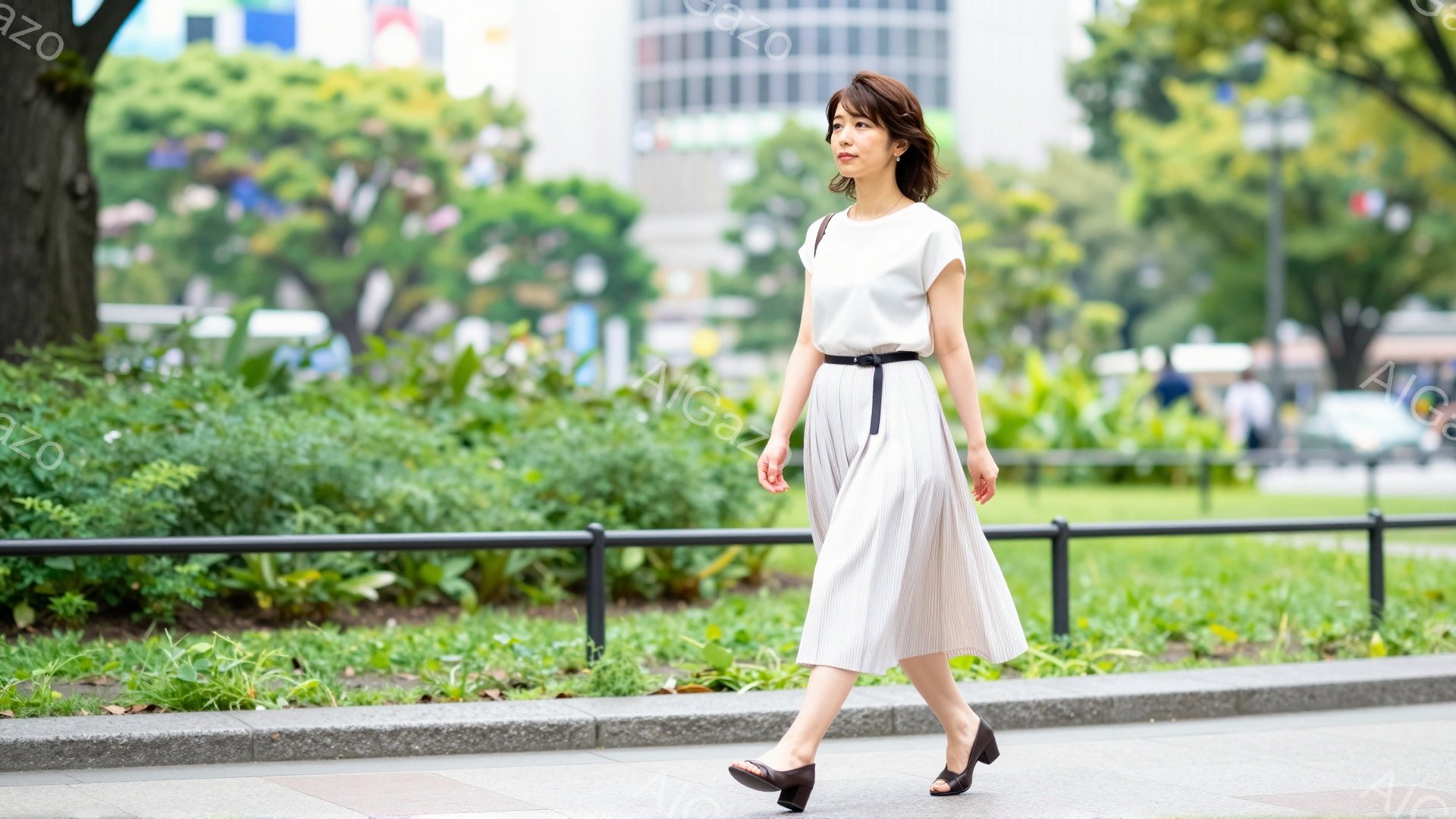 白いTシャツに、プリーツのミディアム丈スカートを履いた女性が歩いています。黒いベルトがウエストを引き締め、足元は黒のサンダルです。背景には緑豊かな公園と高層ビルがみえ、晴天の下、穏やかな雰囲気です。 - AI生成フリー素材