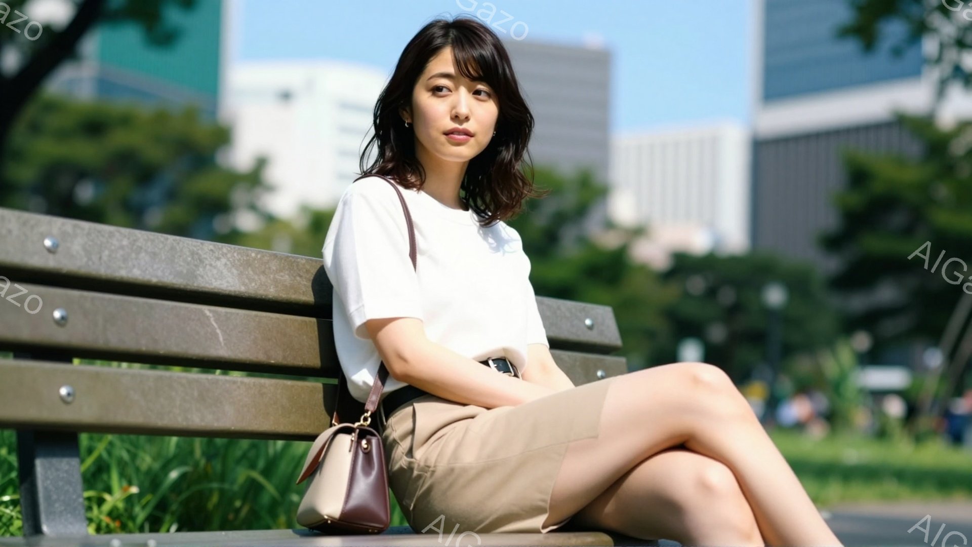 画像には、公園のベンチに座っている若い女性が写っています。彼女は白いTシャツとベージュのスカートを身に着け、肩にバッグをかけています。背景には緑豊かな植物と近代的な建物が見え、晴れた日の穏やかな雰囲気 - AI生成フリー素材
