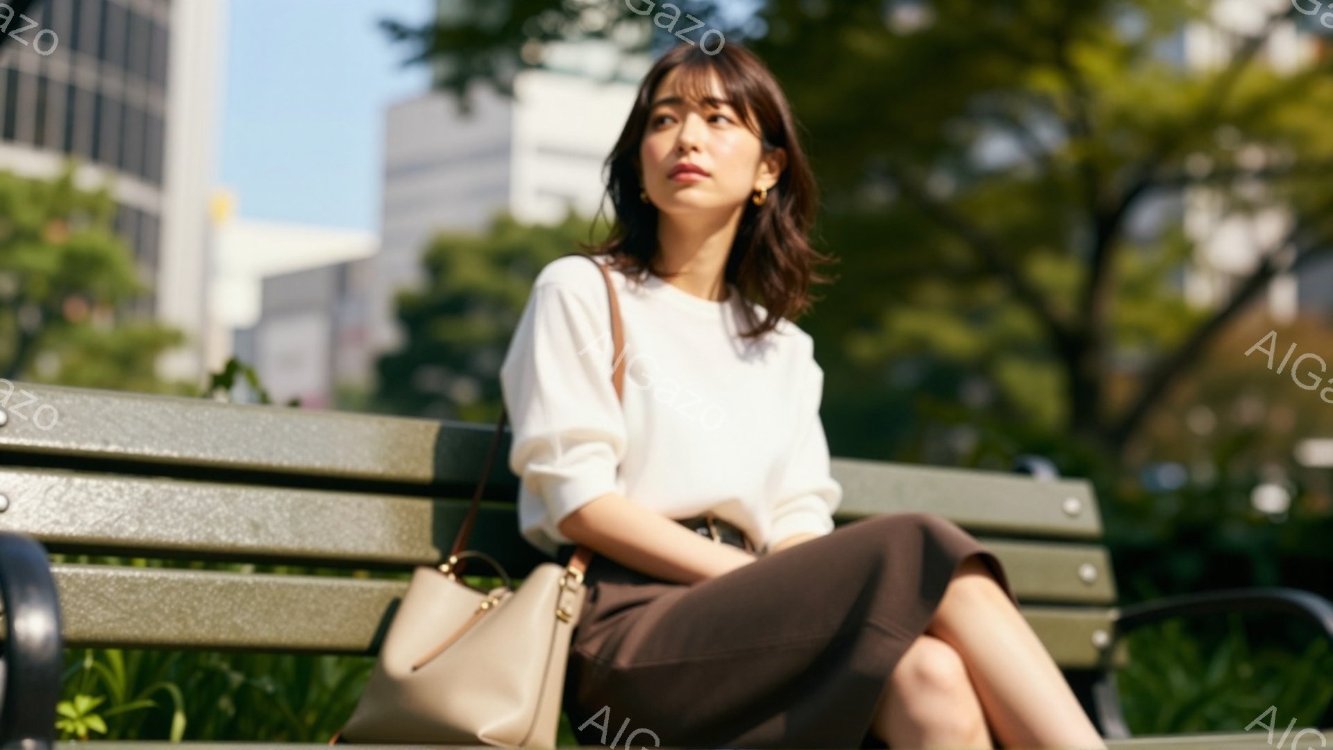 長いダークブラウンの髪を肩にかかるように下ろし、白いブラウスとダークブラウンのスカートを着用した女性が公園のベンチに座っている。彼女は少し横を向いており、物憂げな表情を浮かべている。背景には高層ビルと - AI生成フリー素材