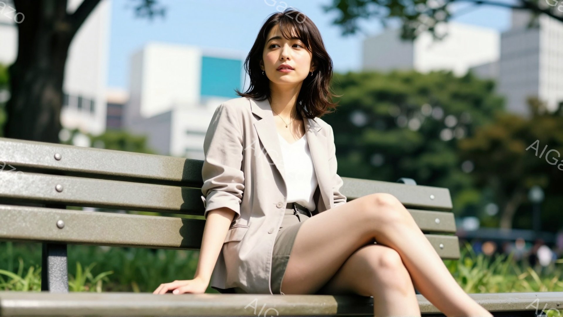 女性は公園のベンチに座っており、ベージュのスーツジャケットと短いスカート、白いインナーを着ています。彼女は短いダークブラウンの髪をしており、リラックスした表情で、片手をベンチに置き、足を組んでいます。 - AI生成フリー素材