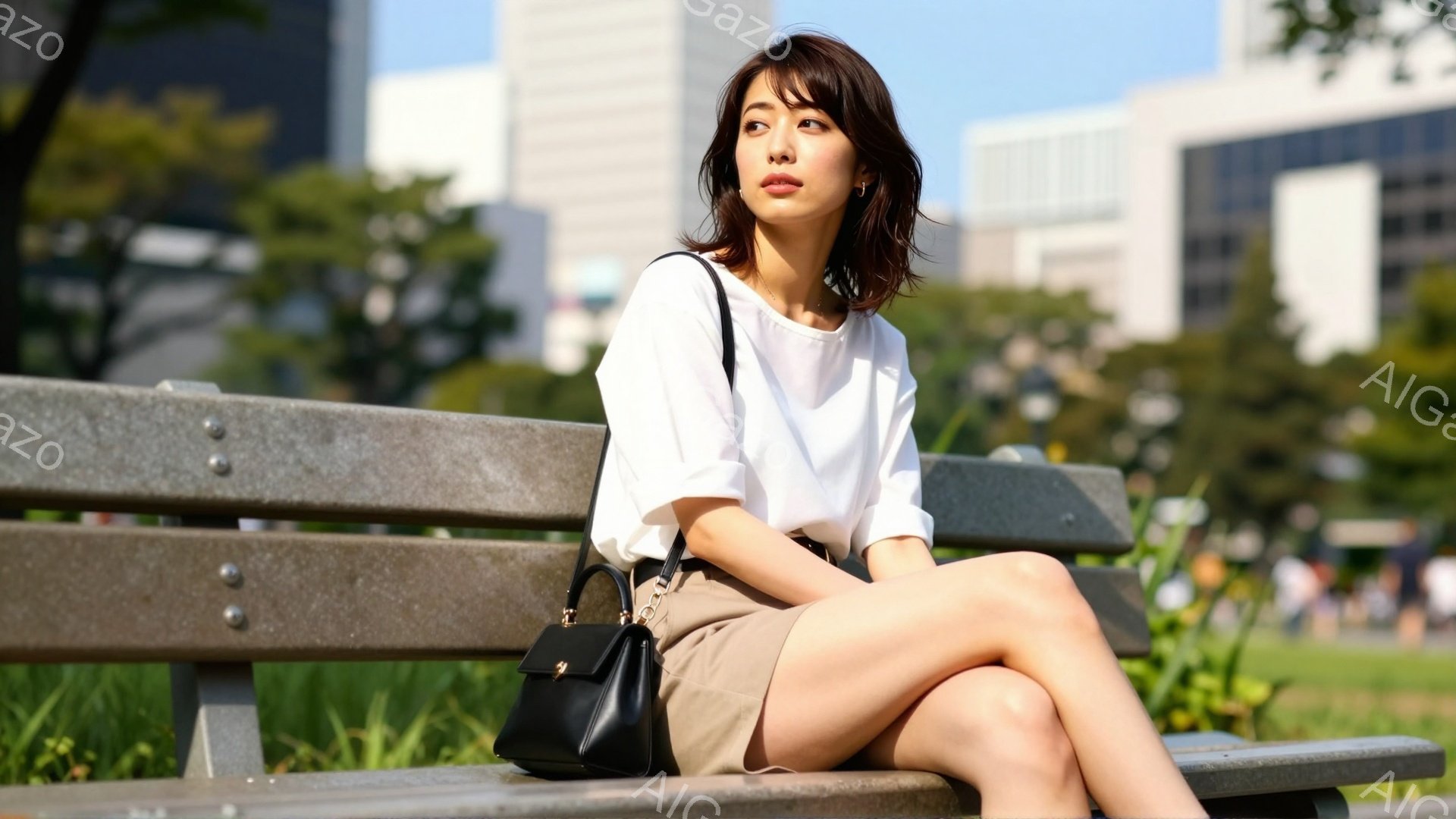 若い女性が公園のベンチに座っており、白いブラウスとベージュのスカートを着用しています。彼女は片足を軽く曲げ、リラックスした姿勢で、黒いハンドバッグを肩にかけています。背景には緑豊かな草地と高層ビルが見え、晴れた日の穏やかな雰囲気が漂っています。