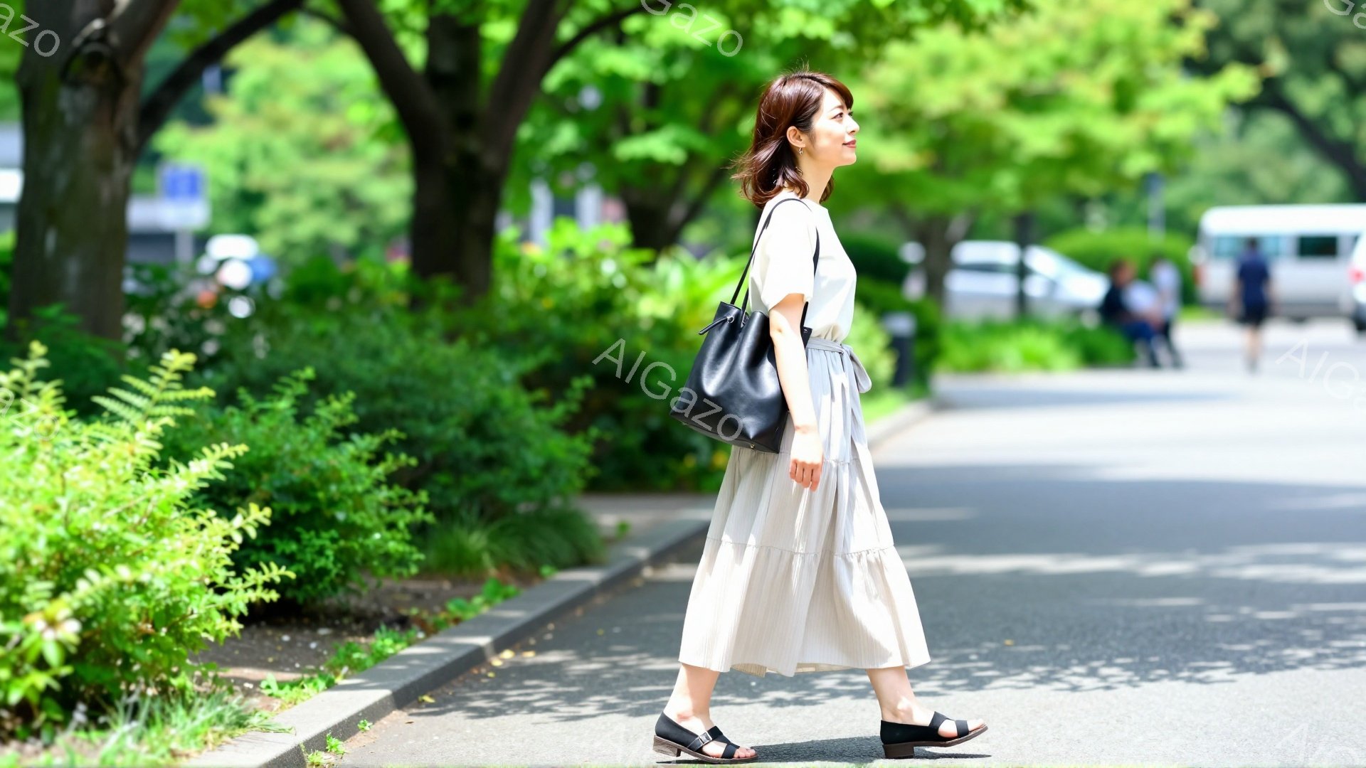 モデルは、クリーム色のゆったりとしたワンピースを着て、黒いサンダルを履いています。彼女は歩きながら少し横を向き、髪は肩にかかる長さで自然なスタイルです。背景には緑豊かな木々と歩道、そして遠くに見える建 - AI生成フリー素材