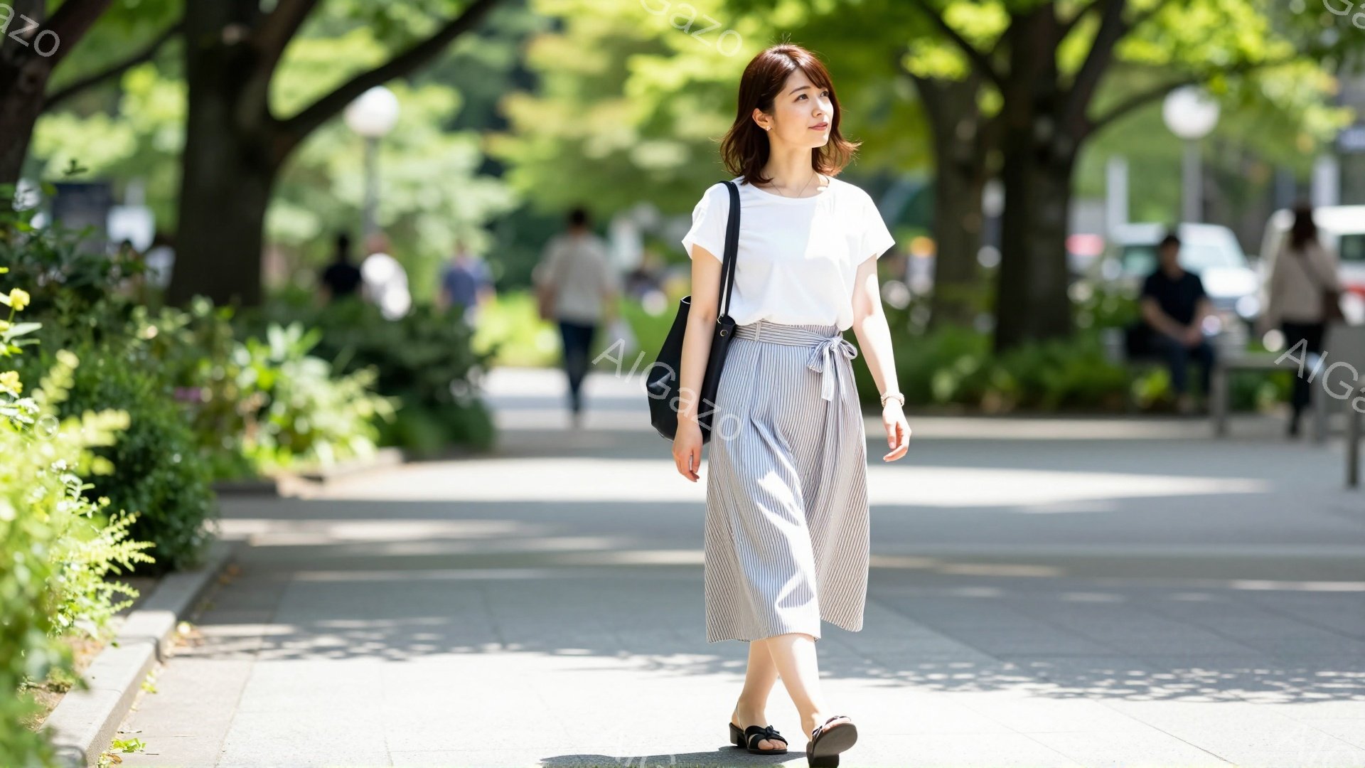 画像には、ストライプのミディスカートと白いTシャツを着た女性が写っています。彼女は黒いサンダルを履き、肩に黒いバッグをかけて歩いています。背景には緑豊かな木々と歩道、そしてぼんやりと見える建物があり、晴れた日の穏やかな雰囲気を醸し出しています。