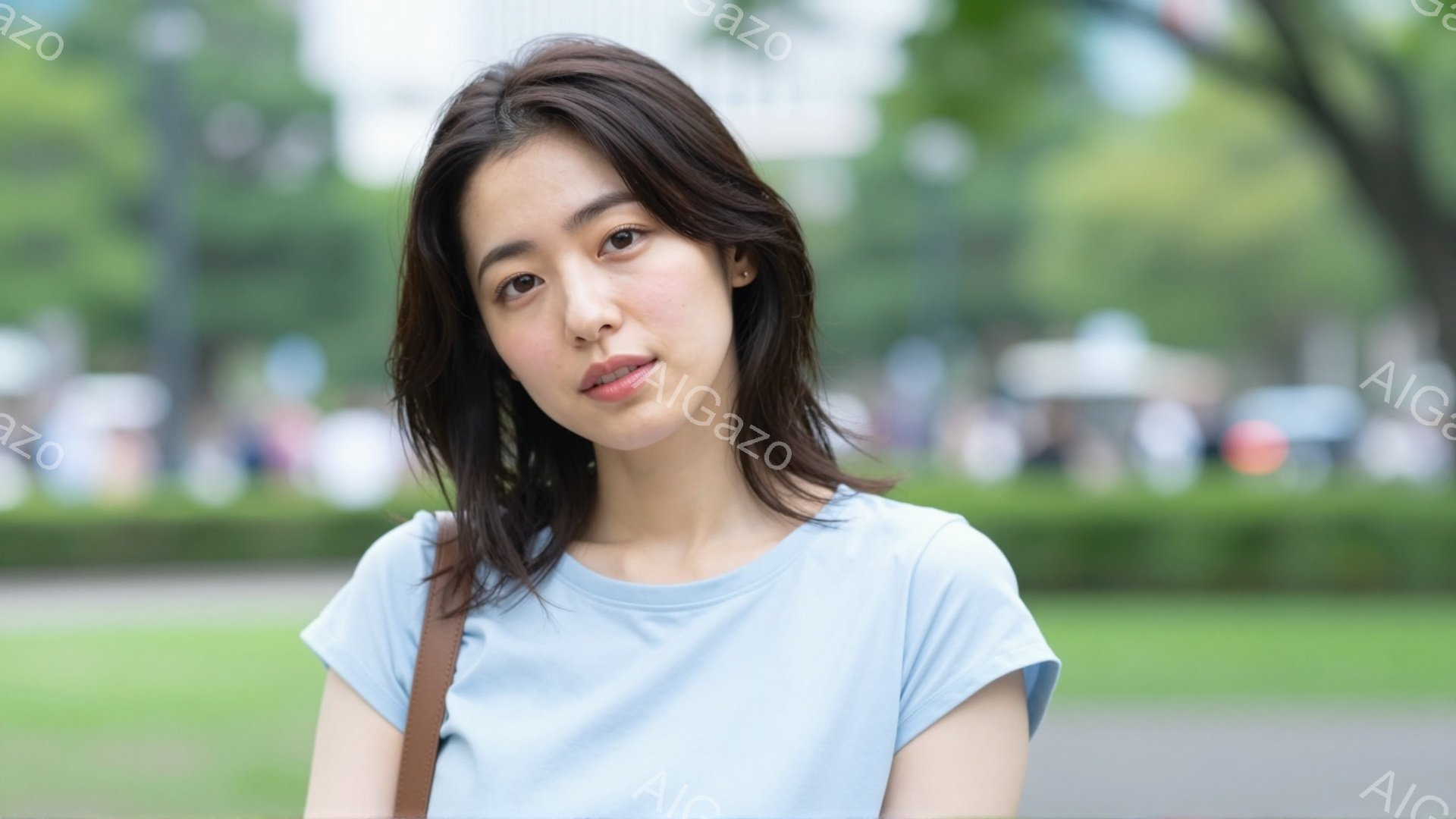 浅い青色のTシャツを着た若い女性が写っています。彼女は肩から斜めにかけて茶色のバッグをかけており、少し微笑んでいます。背景には緑豊かな木々とぼやけた都市の風景が見え、晴れた日の穏やかな雰囲気が漂っています。