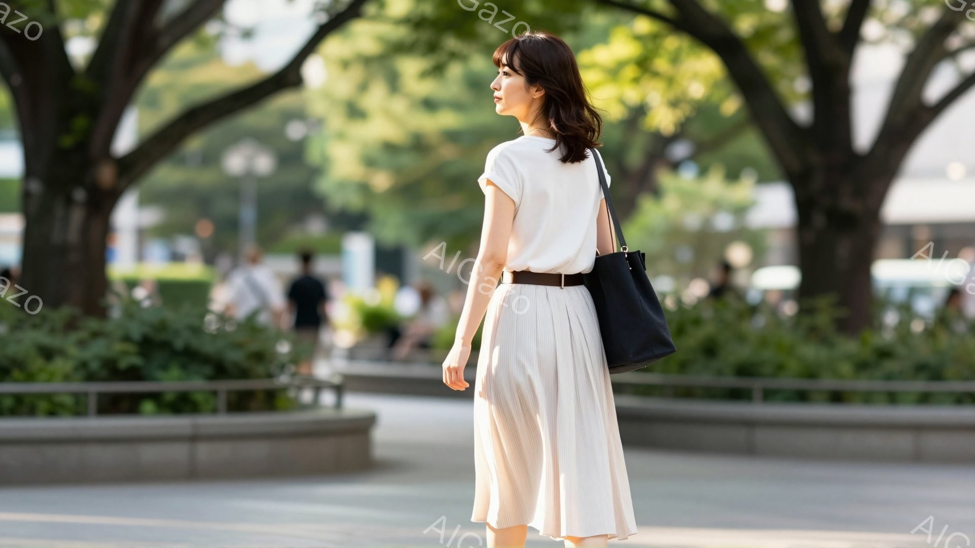 白いTシャツに、明るいベージュのプリーツスカートを合わせた女性が写っている。彼女は黒いショルダーバッグを持ち、後ろ姿を見せている。背景には緑豊かな木々と歩道、そしてぼんやりと見える建物があり、晴れた日 - AI生成フリー素材