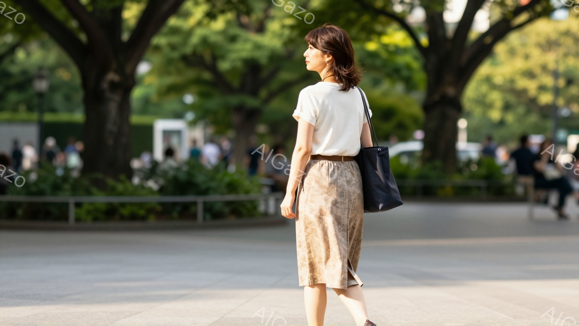 後ろ姿の女性が写っており、白のシンプルなTシャツに、ベージュと茶色の模様が入ったミモレ丈のスカートを着用しています。肩に黒いハンドバッグをかけ、髪は肩にかかる程度の長さで、後ろでまとめています。背景に - AI生成フリー素材