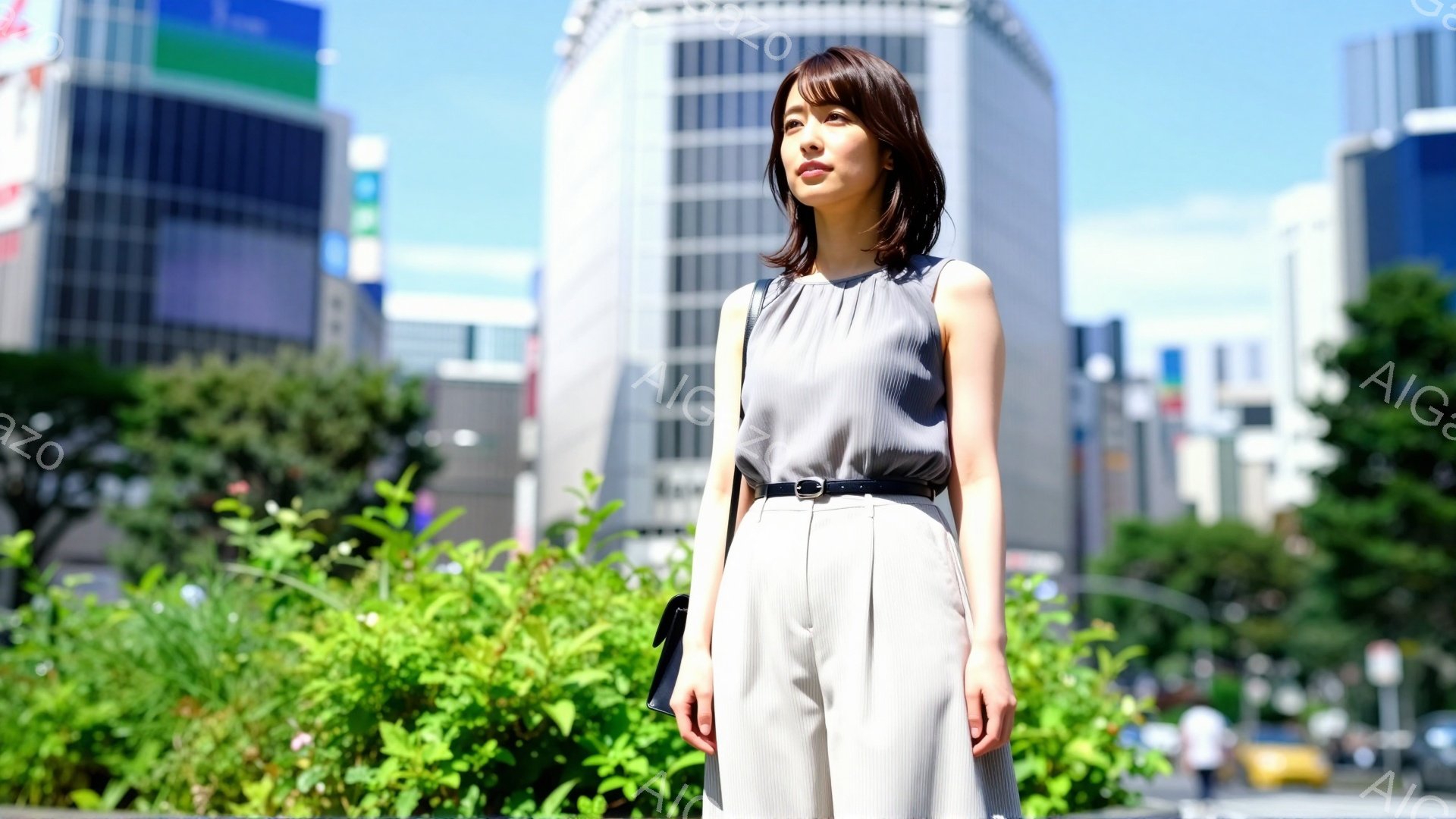 浅いベージュ色のブラウスと、ハイウエストのワイドパンツを着用した若い女性が写っている。彼女は黒いベルトとショルダーバッグを合わせ、少し上目線で遠くを見つめている。背景には、緑豊かな木々とモダンな高層ビル群が広がり、晴天の下、洗練された都会の雰囲気を醸し出している。