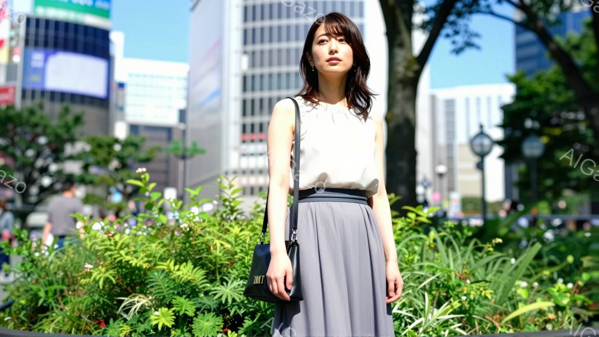 画像には、緑豊かな植物に囲まれた公園で、白いブラウスとプリーツスカートを身につけた女性が写っています。彼女は肩に黒いハンドバッグをかけ、少し上を見つめるように立っており、表情は穏やかです。背景には高層ビルがそびえ立ち、晴れた空の下、都会のオアシスのような雰囲気を醸し出しています。