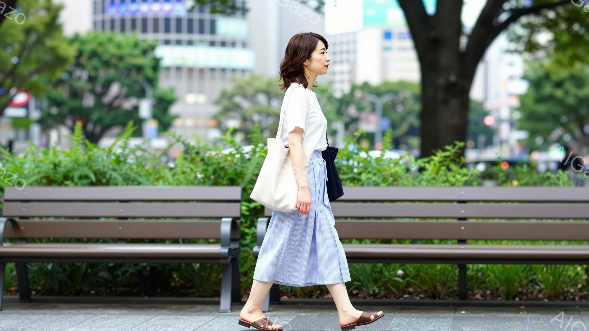 白いTシャツに水色のストライプのミモレ丈スカートを着用した女性が、歩道上を歩いている。彼女は茶色のサンダルを履き、白いトートバッグと紺色の何か（おそらくジャケット）を手にしている。背景には緑豊かな木々 - AI生成フリー素材