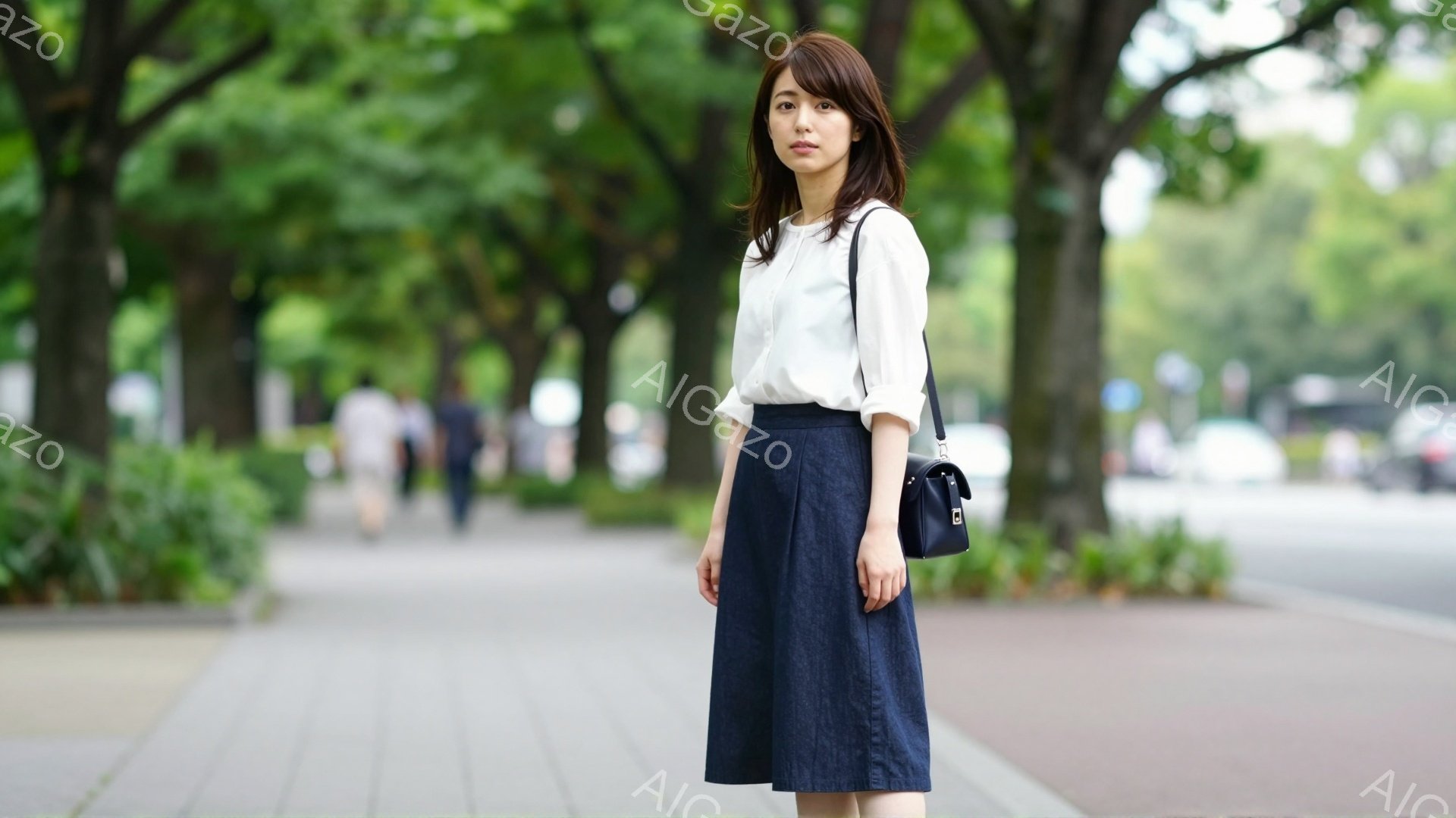 画像には、紺色のミモレ丈スカートと白いブラウスを着た若い女性が写っています。彼女は肩に黒いハンドバッグをかけており、少し微笑んだ表情でカメラの方を見ています。背景には緑豊かな木々が並び、歩道と道路が広がり、晴天の下で穏やかな雰囲気です。