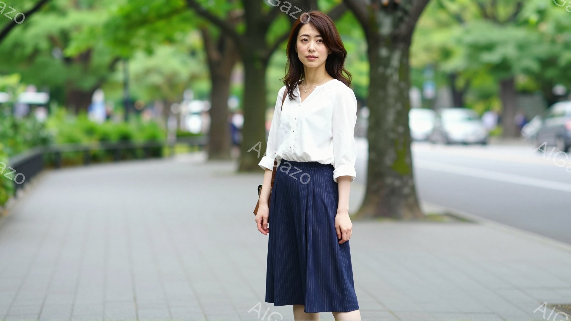 画像には、白いブラウスと濃い紺色のプリーツスカートを着用した女性が立っています。彼女は肩にバッグをかけ、やや微笑みを浮かべた表情で、リラックスした姿勢で正面を見つめています。背景には緑豊かな木々と歩道 - AI生成フリー素材