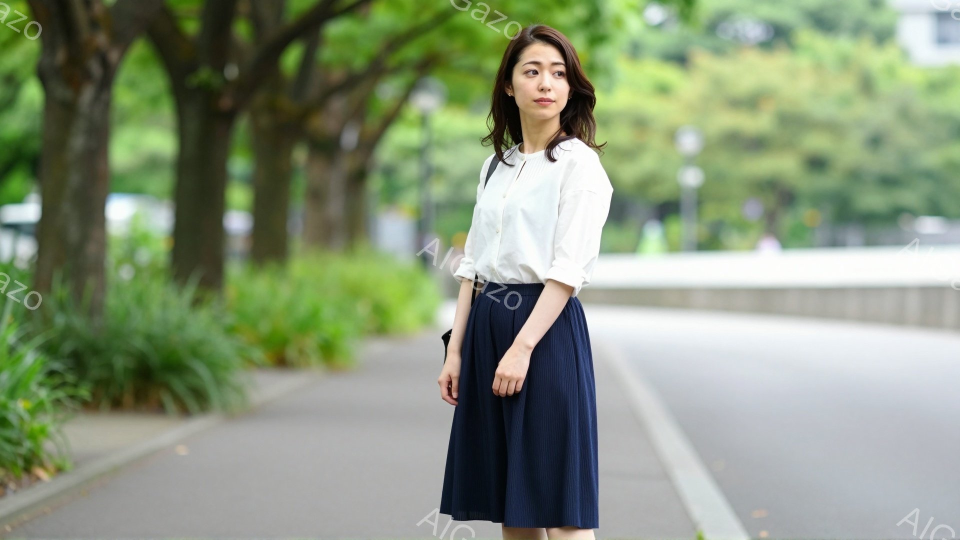 画像には、白いブラウスと濃い青のプリーツスカートを着た女性が写っています。彼女は少し微笑んでおり、リラックスした姿勢で歩道に立っています。背景には緑豊かな木々と歩道、そして遠くに見える建物があり、晴れ - AI生成フリー素材