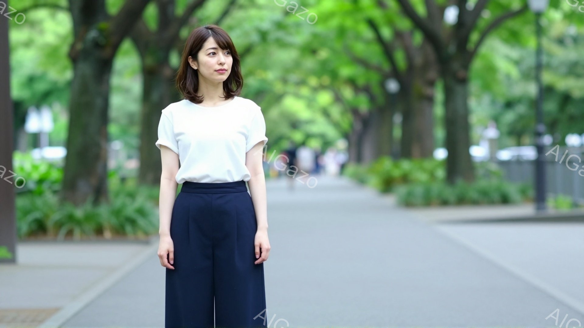 この女性は白いTシャツと紺色のワイドパンツを着用し、肩までの長さのダークブラウンの髪をしています。彼女はやや横を向き、穏やかな表情で遠くを見つめており、リラックスした姿勢で立っています。背景には緑豊かな木々が立ち並び、遊歩道が続いており、晴天の下、穏やかな春または夏の日の雰囲気が漂っています。