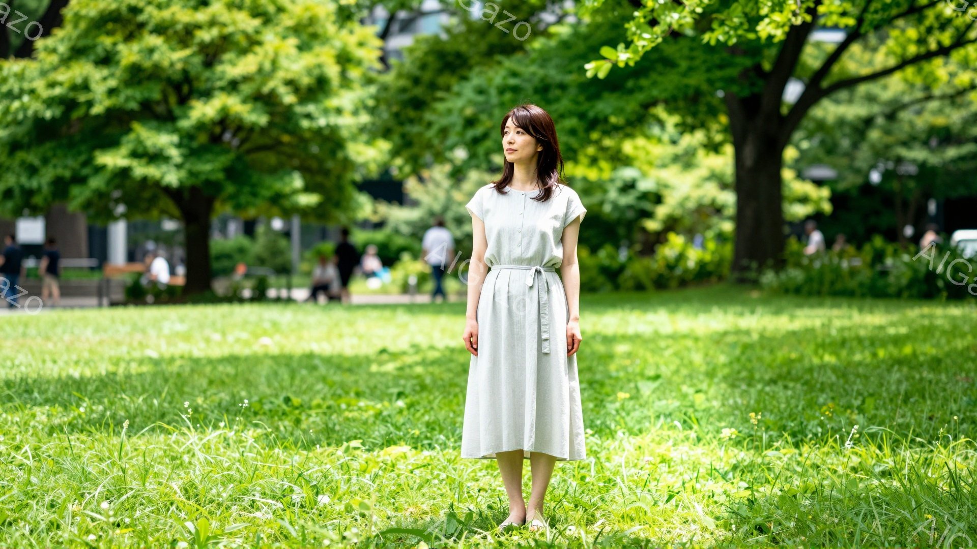 この女性は、明るい緑色の芝生の上に立っており、薄い灰緑色の膝丈のワンピースを着ています。彼女は肩までの黒髪で、少し微笑んでいるように見え、視線はわずかに上を向いています。背景には木々が生い茂り、遠くに - AI生成フリー素材