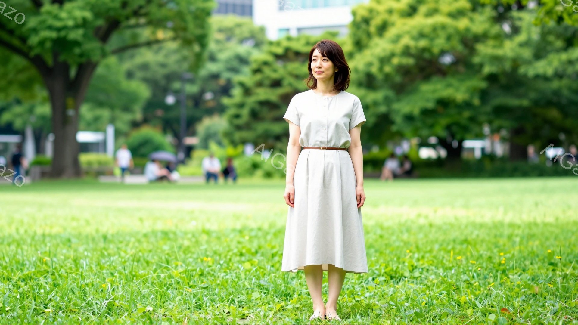 長い髪を軽く肩にかける女性が、緑豊かな芝生の公園に立っている。ベージュ色のワンピースに茶色のベルトを締め、リラックスした表情で遠くを見つめている。背景には木々と建物が見え、晴天の下、穏やかな雰囲気が漂っている。
