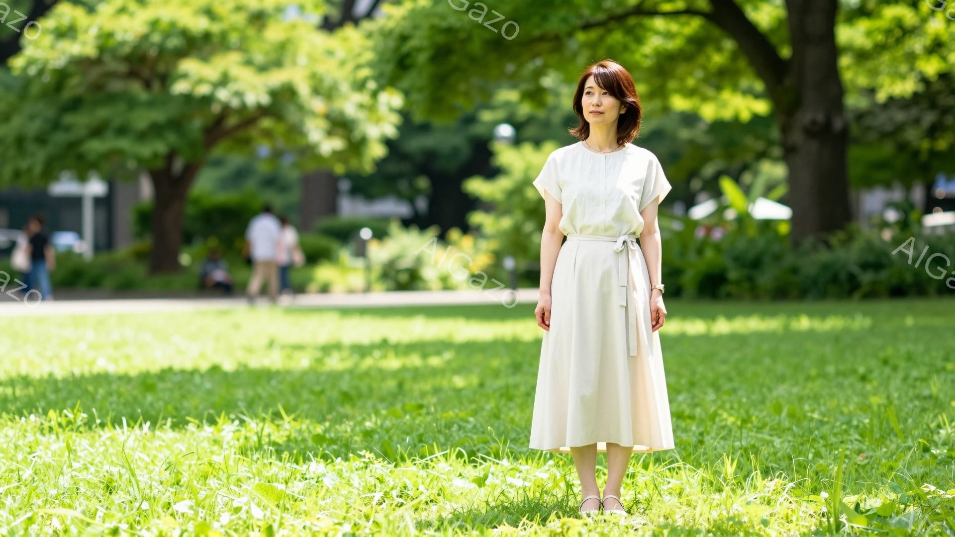 女性はクリーム色のゆったりとしたワンピースを着て、緑豊かな芝生の上に立っています。彼女は髪を後ろでまとめ、穏やかな表情で何かを見つめています。背景には木々が生い茂り、ぼんやりと人影が見え、晴れた日の穏 - AI生成フリー素材