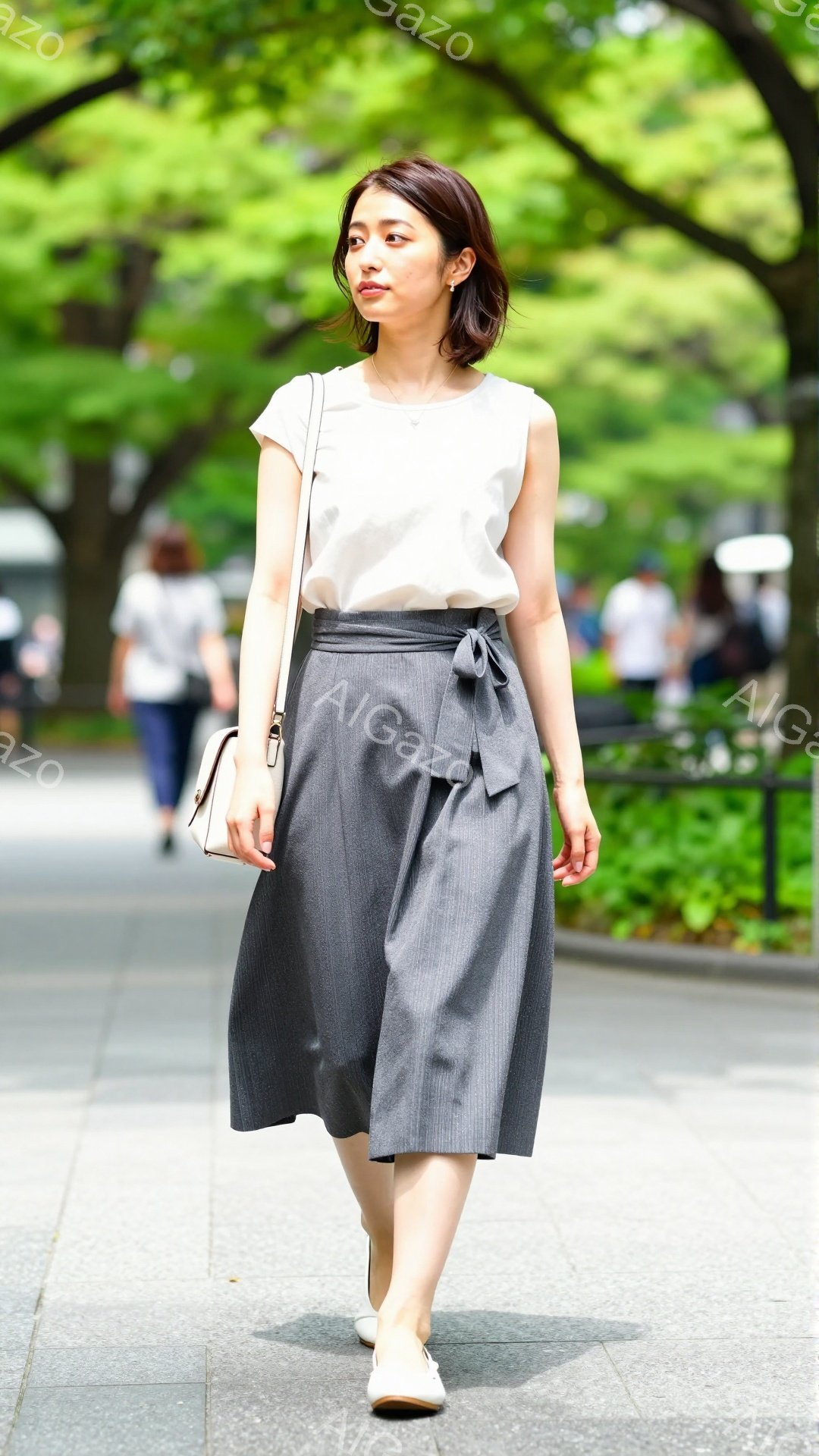画像には、ストライプのスカートと白いブラウスを着た若い女性が写っています。彼女はベージュ色のショルダーバッグを肩にかけ、白のフラットシューズを履いています。背景には緑豊かな木々と歩道があり、晴れた日の穏やかな雰囲気が伝わってきます。
