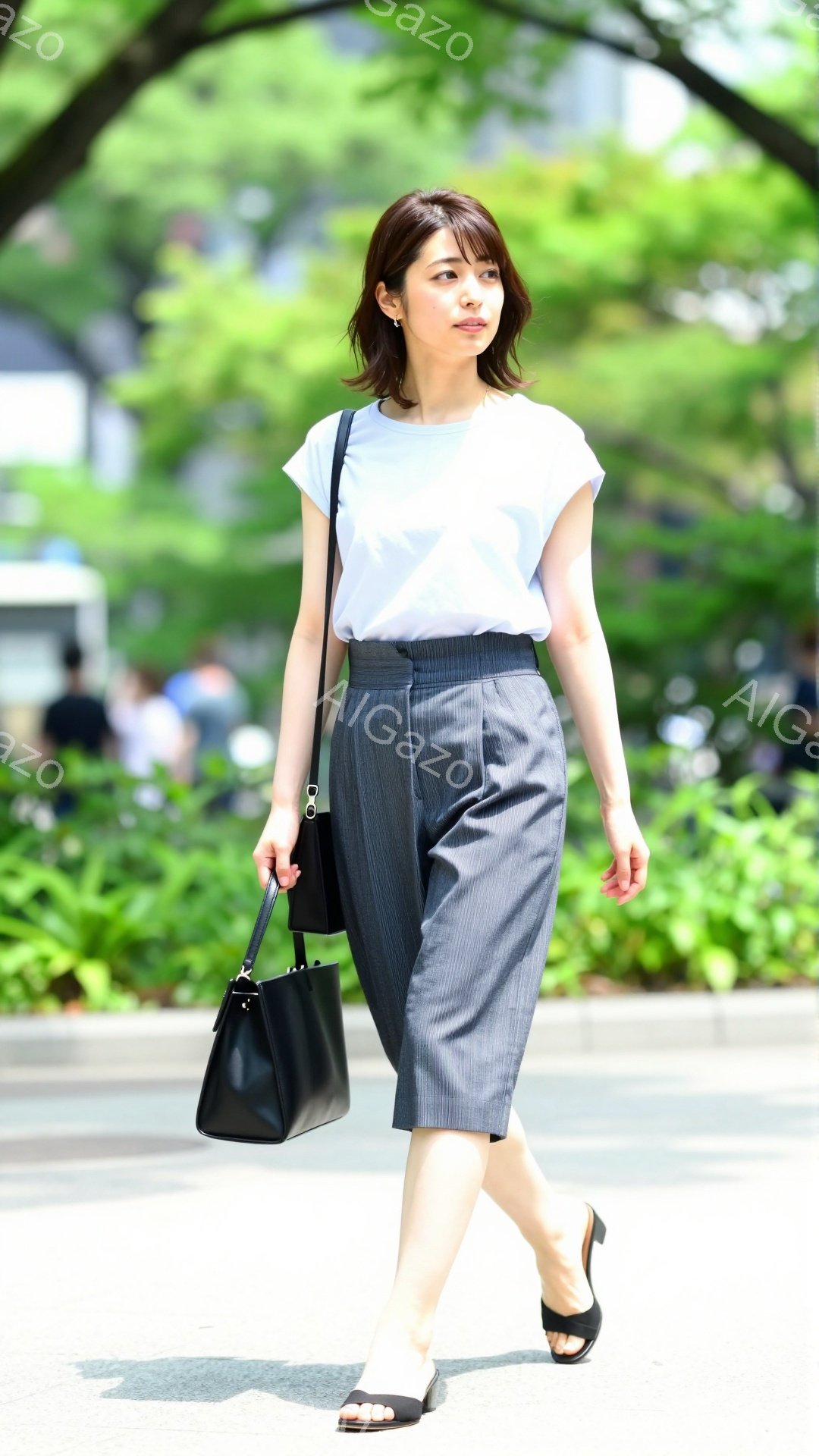 白いTシャツにストライプのワイドパンツを合わせた女性が写っています。彼女は黒いハンドバッグを持ち、黒いサンダルを履いており、少し微笑んだ表情で歩いています。背景には緑豊かな木々が見え、晴れた日の穏やか - AI生成フリー素材