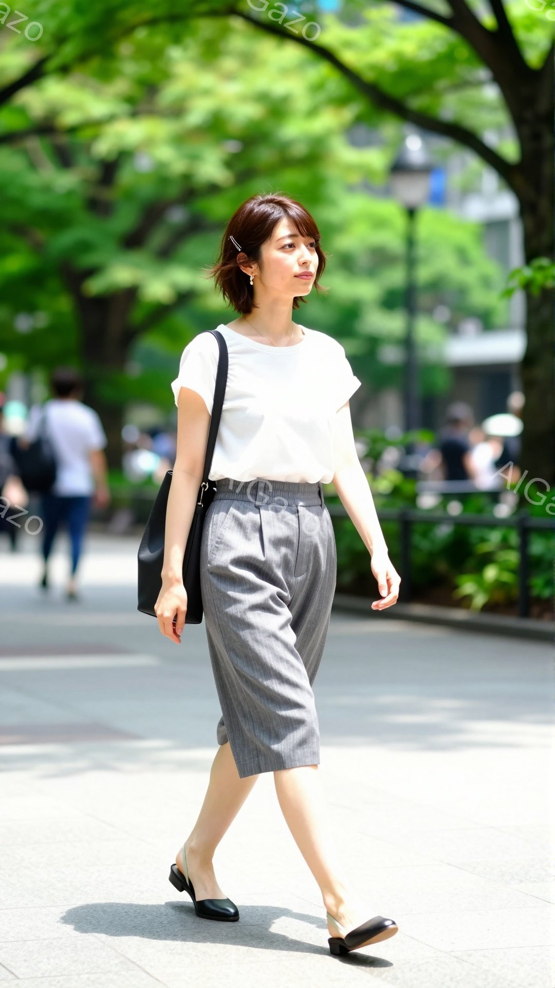 この女性は、白いTシャツとグレーのチェック柄のワイドパンツを着用し、黒いフラットシューズを履いています。肩にかけた黒いハンドバッグを携え、少し前かがみになりながら歩行しています。背景には緑豊かな木々と - AI生成フリー素材
