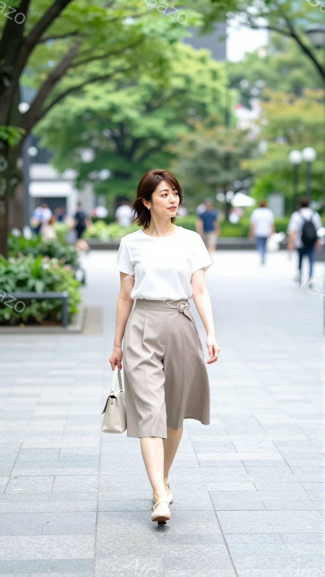 女性は白のシンプルなTシャツとベージュのワイドレッグパンツを着用し、クリーム色のハンドバッグとフラットシューズを合わせている。彼女は少し微笑みながら、舗装された歩道を自信を持って歩いている。背景には緑豊かな木々が見え、晴れた日の穏やかな雰囲気を醸し出している。