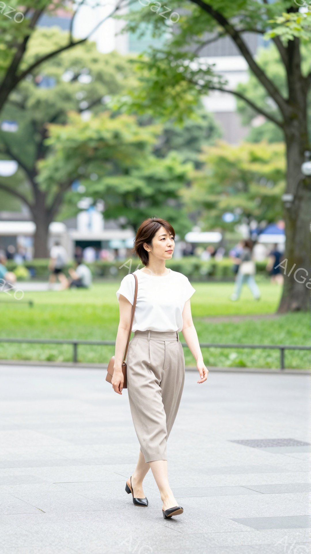 白いブラウスとベージュのゆったりとしたパンツを着用した女性が、公園の敷石の上を歩いています。彼女は肩に掛けた茶色のショルダーバッグを持ち、黒いパンプスを履いています。背景には緑豊かな木々と芝生、そしてぼんやりと見える建物があり、晴れた日の穏やかな雰囲気が漂っています。