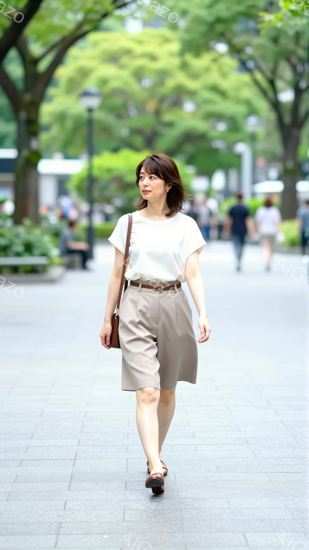 女性は白いTシャツとベージュのショートパンツを着用し、茶色のベルトとバッグを合わせている。彼女はわずかに微笑み、リラックスした様子で歩行しており、黒髪を肩のあたりで軽くカールさせている。背景には緑豊かな木々が生い茂り、石畳の道と遠くに見える人々がおり、晴れた日の穏やかな雰囲気を感じさせる。