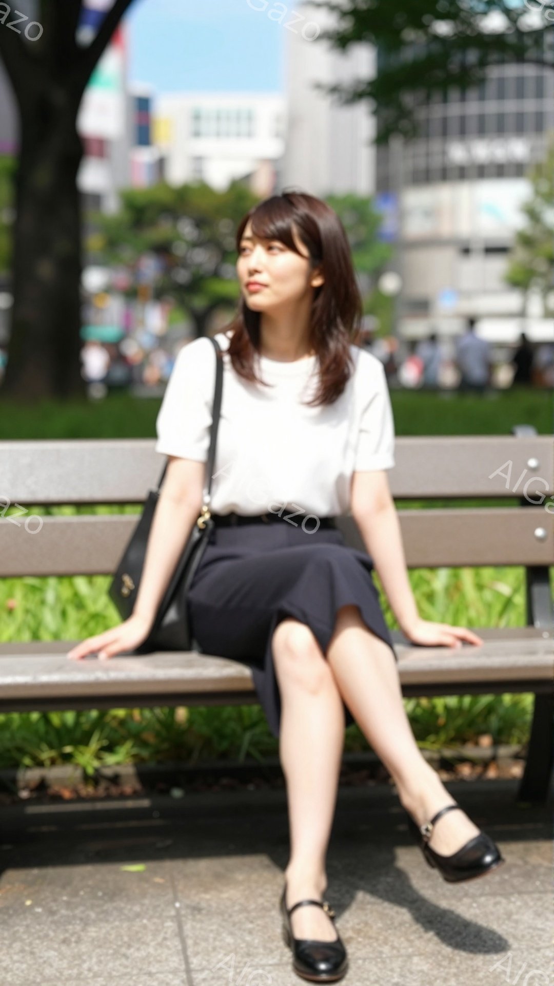 画像には、公園のベンチに座っている若い女性が写っています。彼女は白い半袖シャツと紺色の膝丈スカートを着用し、黒いストラップのサンダルを履いています。背景には緑豊かな木々や建物が見え、晴天で穏やかな雰囲 - AI生成フリー素材
