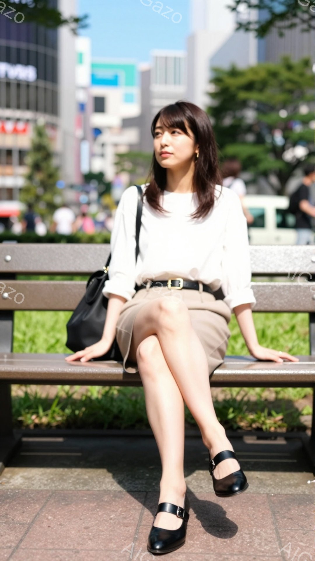 画像には、ベージュのスカートと白いブラウスを着た若い女性が公園のベンチに座っている様子が写っています。彼女は黒いベルトと黒いストラップの靴を履き、肩には黒いハンドバッグをかけています。背景には高層ビルや緑豊かな木々が見え、晴れた日の穏やかな雰囲気が漂っています。