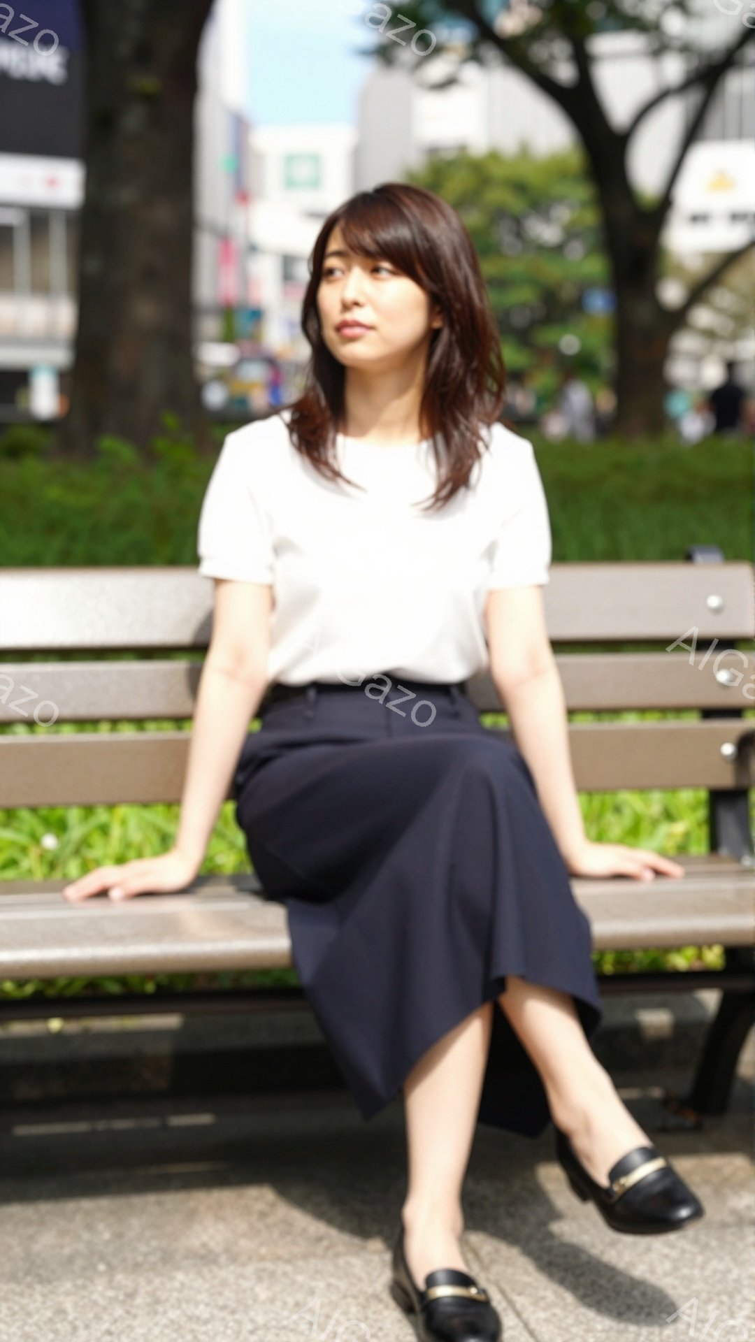 画像は、公園のベンチに座る若い女性を捉えています。彼女は白い半袖シャツと濃い青色のスカートを着用し、黒いローファーを履いています。背景には木々や建物が見え、晴れた日の穏やかな雰囲気が漂っています。 - AI生成フリー素材