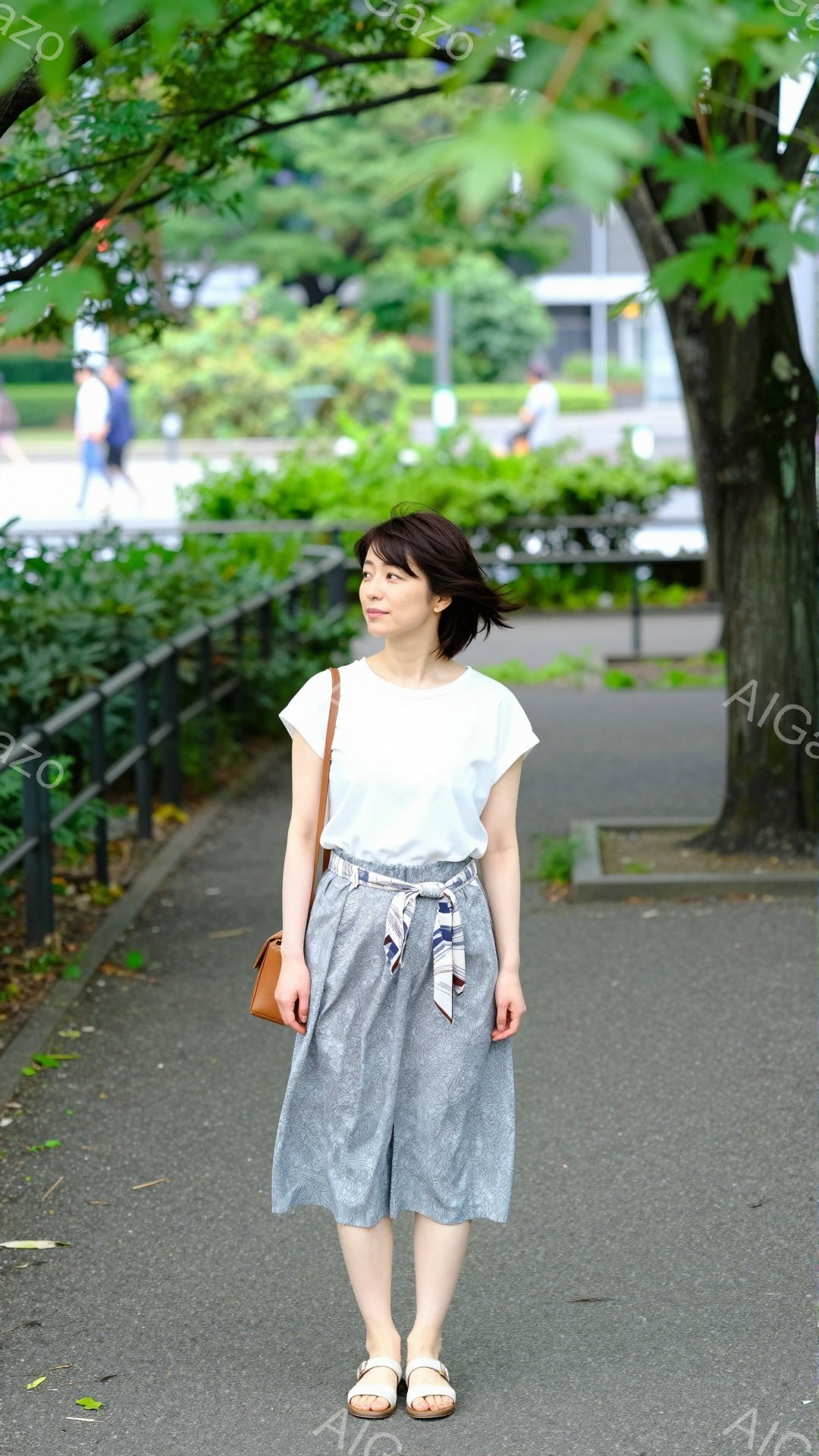 画像は、公園の遊歩道に立つ女性を捉えています。彼女は白いTシャツに、水色の柄が入ったキュロットスカート、そして白いサンダルを履いています。髪は肩にかかる程度の長さで、少しだけ巻かれ、穏やかな表情で遠くを見つめています。