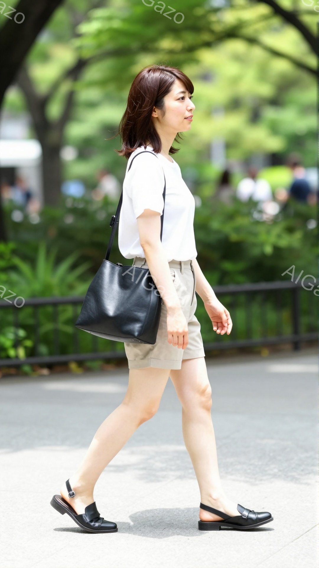 ショートヘアの女性が歩道を歩いている。白いTシャツにベージュのショートパンツ、黒のフラットシューズを履き、肩に黒のハンドバッグをかけている。背景には緑豊かな木々と歩道、そしてぼんやりと見える建物があり - AI生成フリー素材
