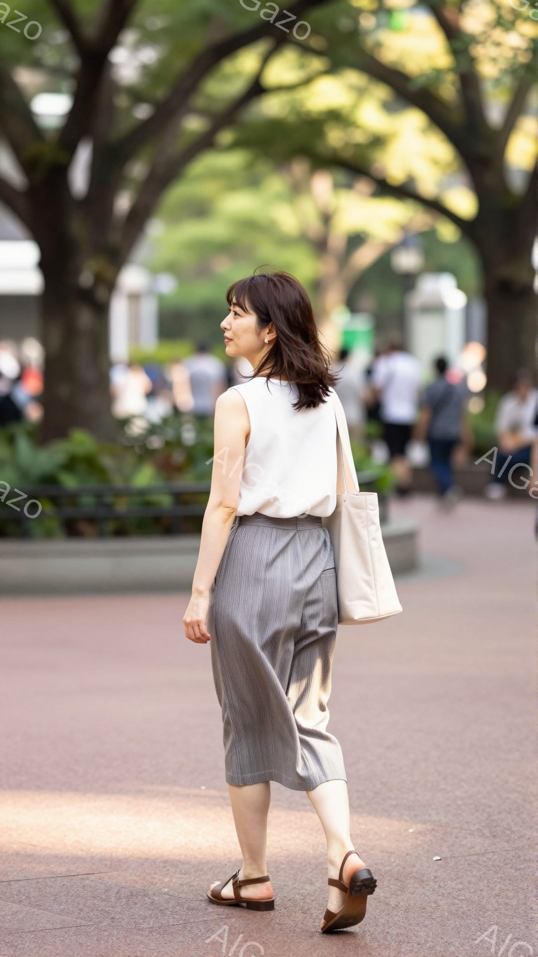 画像には、ベージュのストライプのスカートと白いトップスを着た女性が写っています。彼女はサンダルを履いて、ベージュのトートバッグを持ちながら、公園の小道の中を歩いています。背景には緑豊かな木々と、ぼんや - AI生成フリー素材