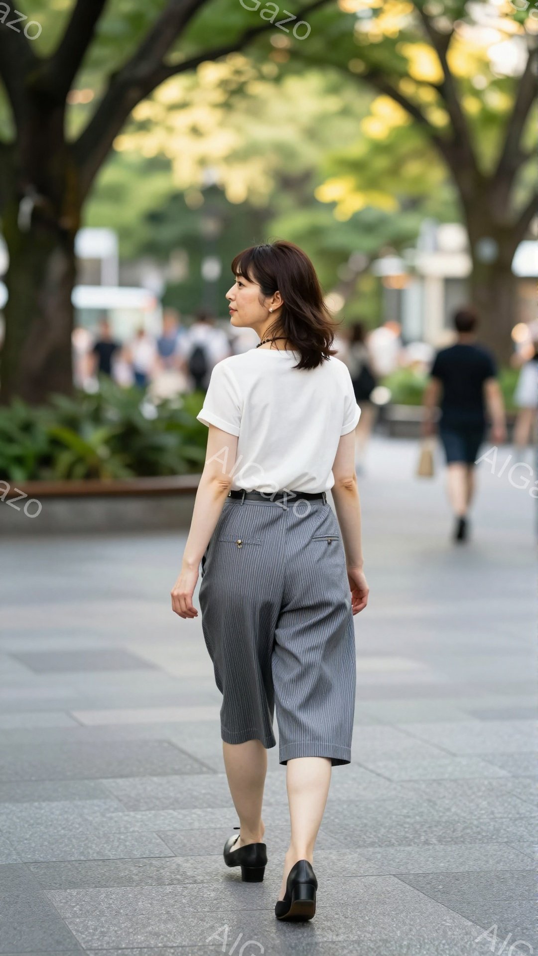 画像は、ストライプのキュロットと白いTシャツを着た女性の後ろ姿を捉えています。彼女は黒い革靴を履き、黒いベルトでキュロットを締めています。背景には緑豊かな木々と歩道があり、晴れた日の穏やかな雰囲気が感じられます。