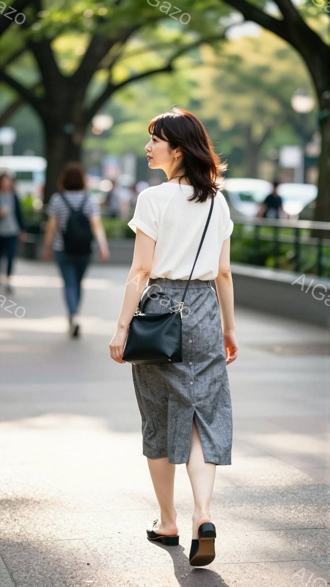 白いTシャツにグレーの膝丈スカートを着用した女性が、黒いハンドバッグを持ちながら歩いている。髪は肩までの長さで、後ろから見ると少しウェーブがかかっているように見える。背景には緑豊かな木々が立ち並び、日差しが差し込む穏やかな午後の雰囲気が漂っている。