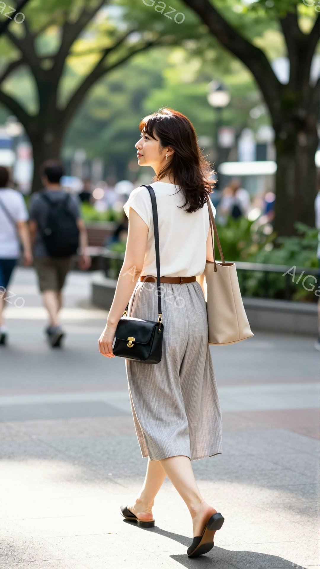 画像は、ベージュのストライプのワイドパンツと白いTシャツを着た女性の後ろ姿を捉えています。彼女は黒いショルダーバッグとスリッパを履き、リラックスした姿勢で歩いています。背景には緑豊かな木々と歩道があり、晴れた日の穏やかな雰囲気が漂っています。