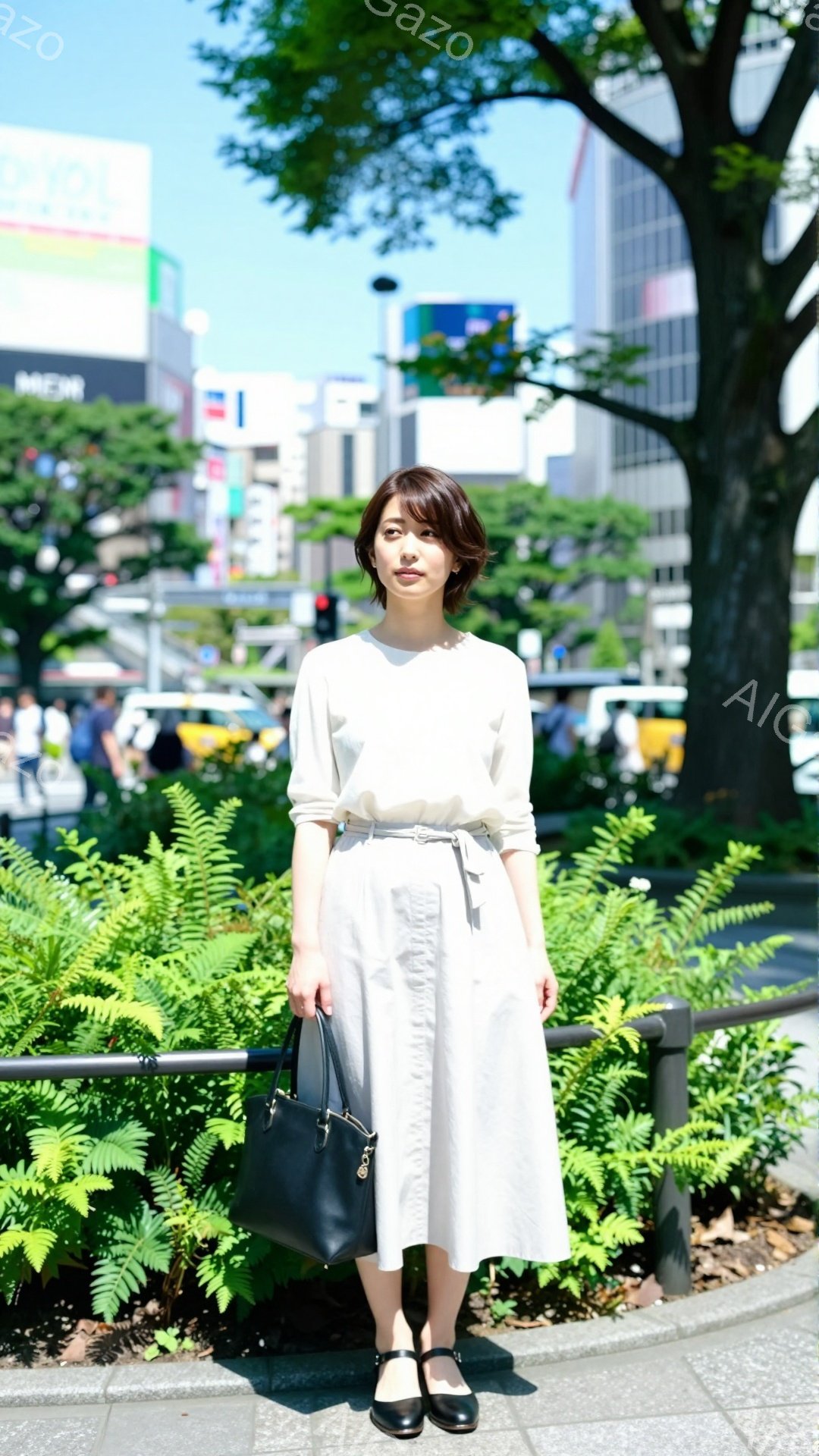 女性は、明るい色合いのトップスと、丈の長いベージュのスカートを着用しています。彼女は黒いハンドバッグを持ち、黒いストラップ付きのフラットシューズを履いています。背景には、緑豊かな植物、建物、そして晴れ - AI生成フリー素材